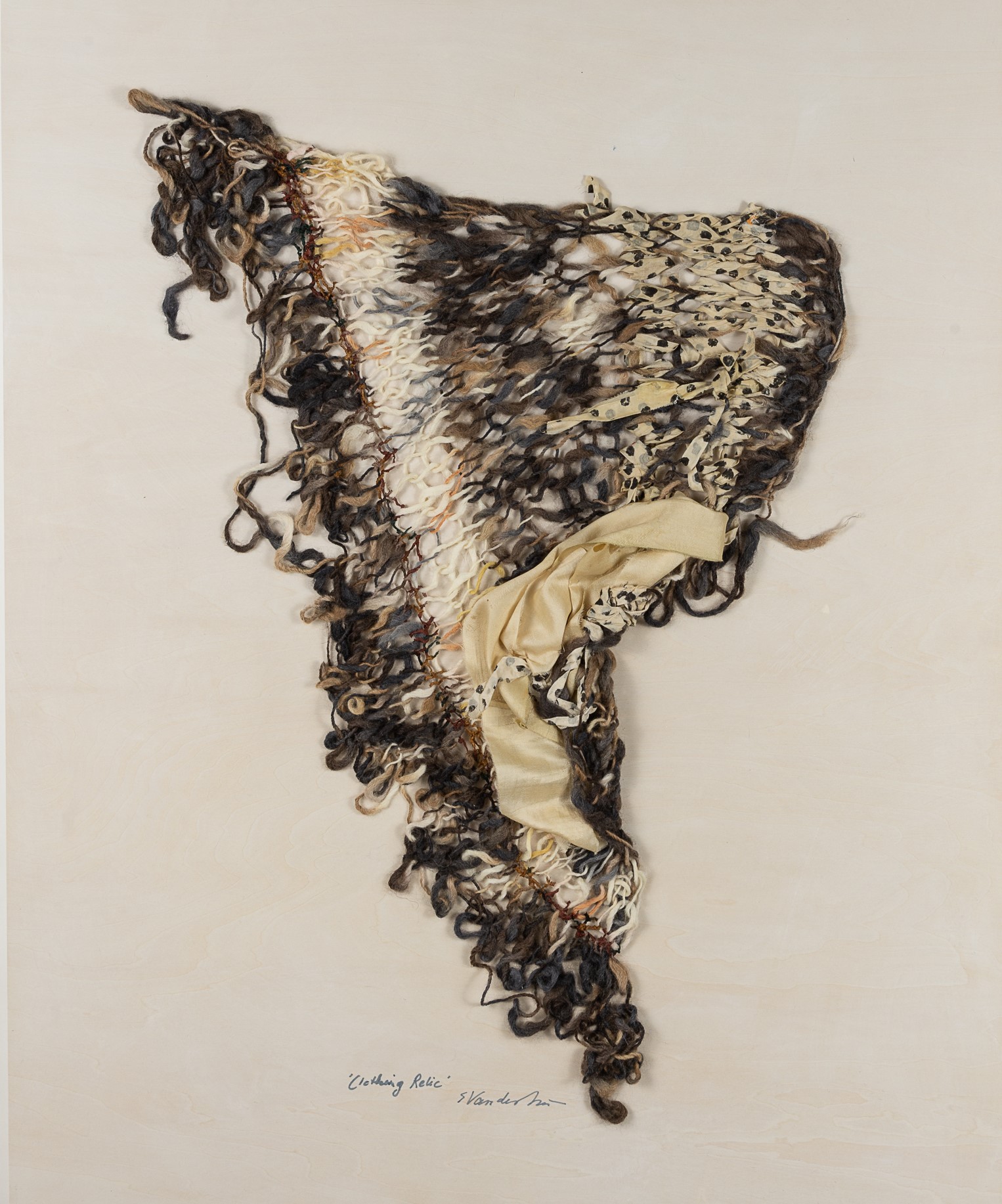  Sylvia Vander Sluis,  Clothing Relic 1 (Grey/Brown/Ivory)  Handknit wool, chenille, silk, 30x24x1.5 