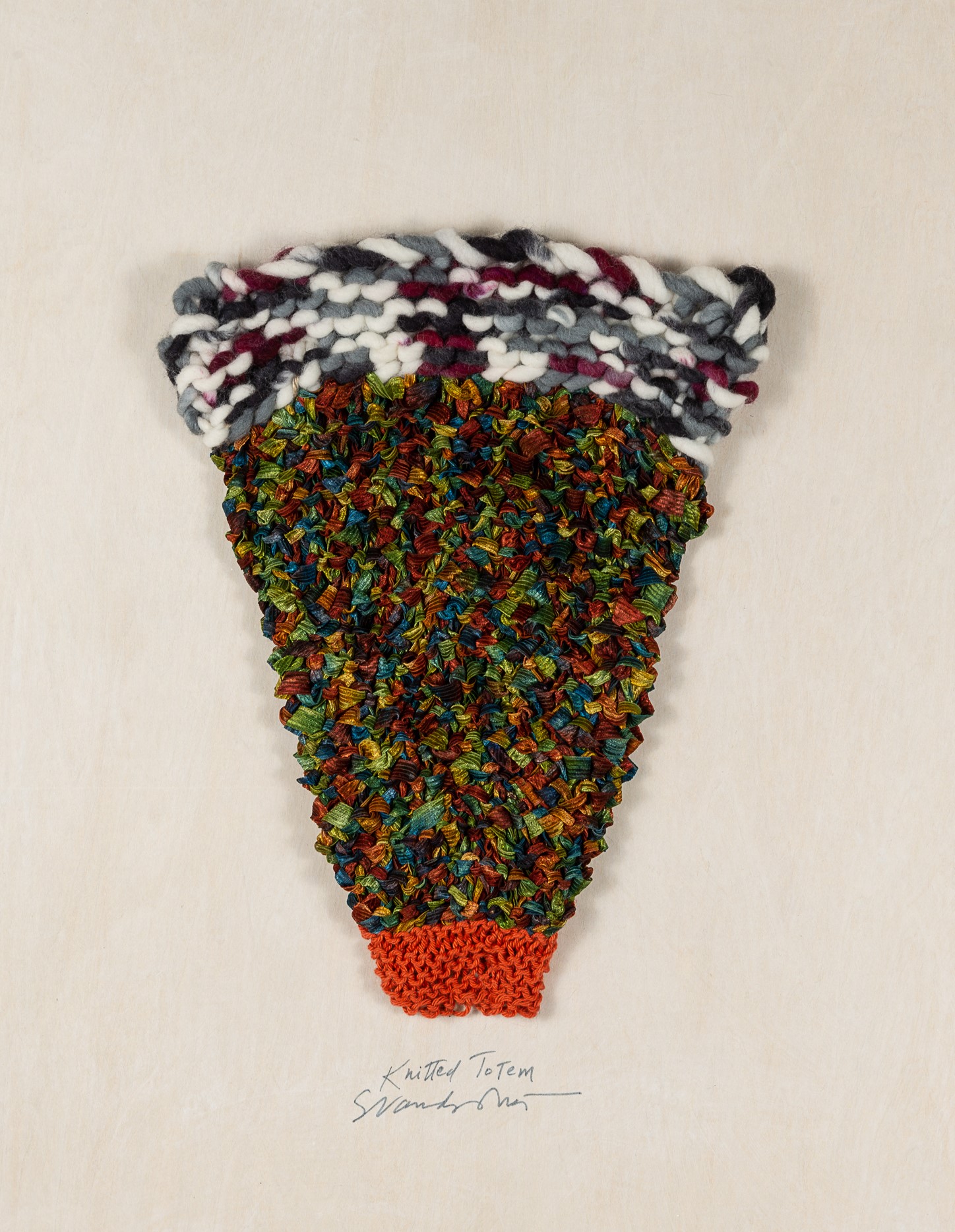  Sylvia Vander Sluis,  Knit Totem (Purple/Green/Orange)  Handknit wool, ribbon, cotton, 18x14x1.5 