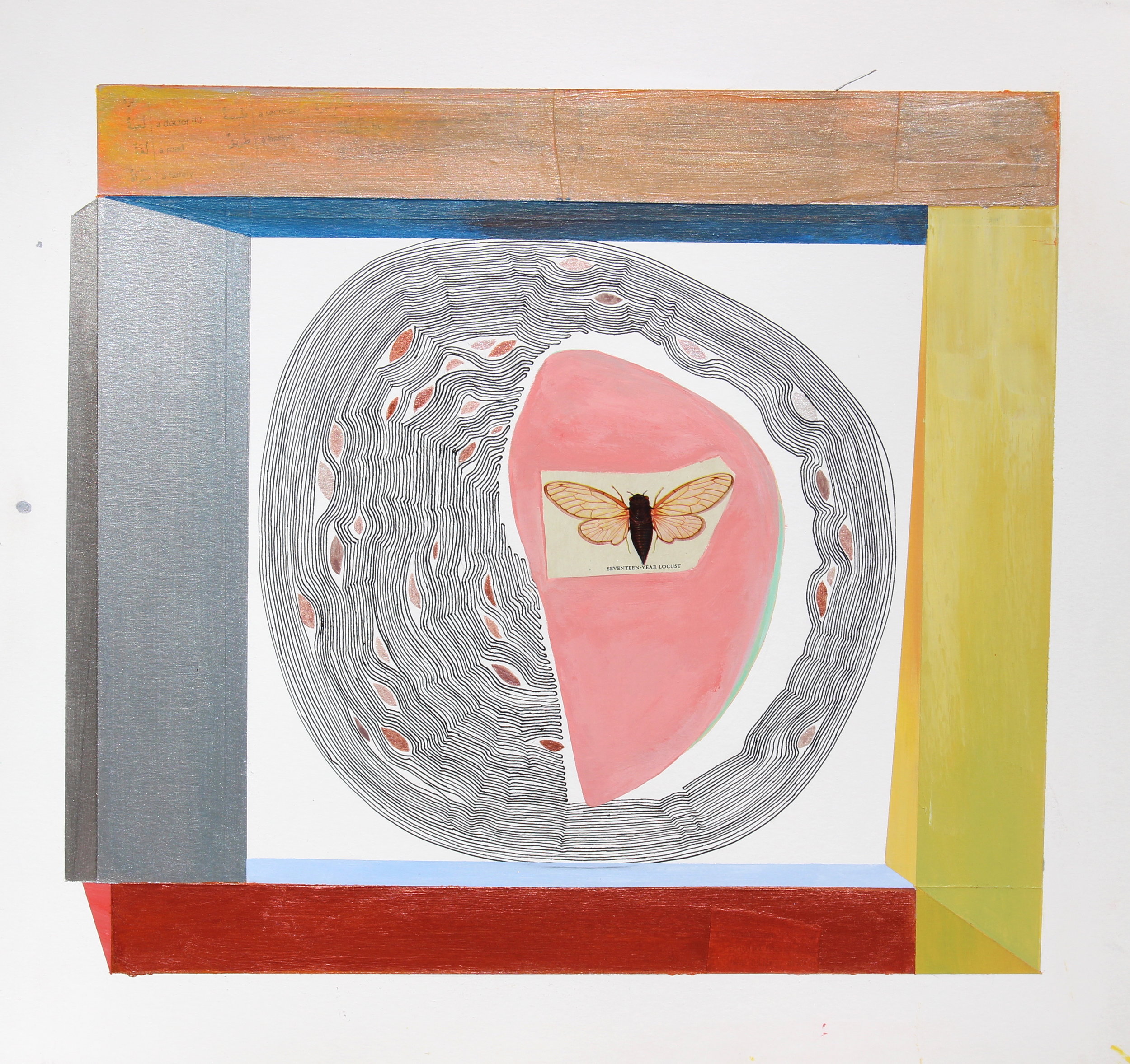 Seventeen-year Locust , Acrylic and collage on paper, 16x16