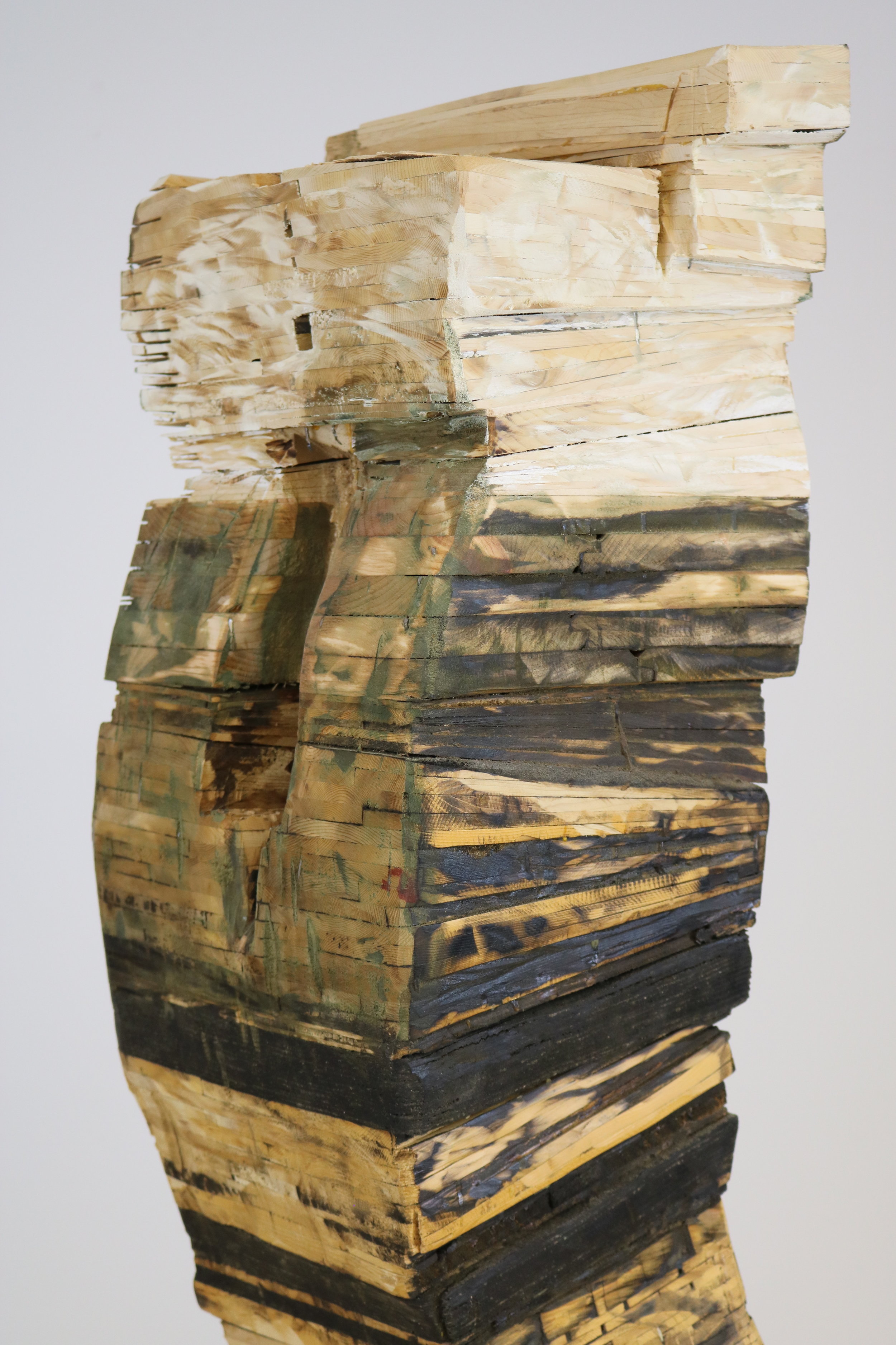  Leslie Zelamsky,  Point of Departure 5 , detail,  Pine, cedar, roof shingles, pigment, 63.5 x 23 x 22 