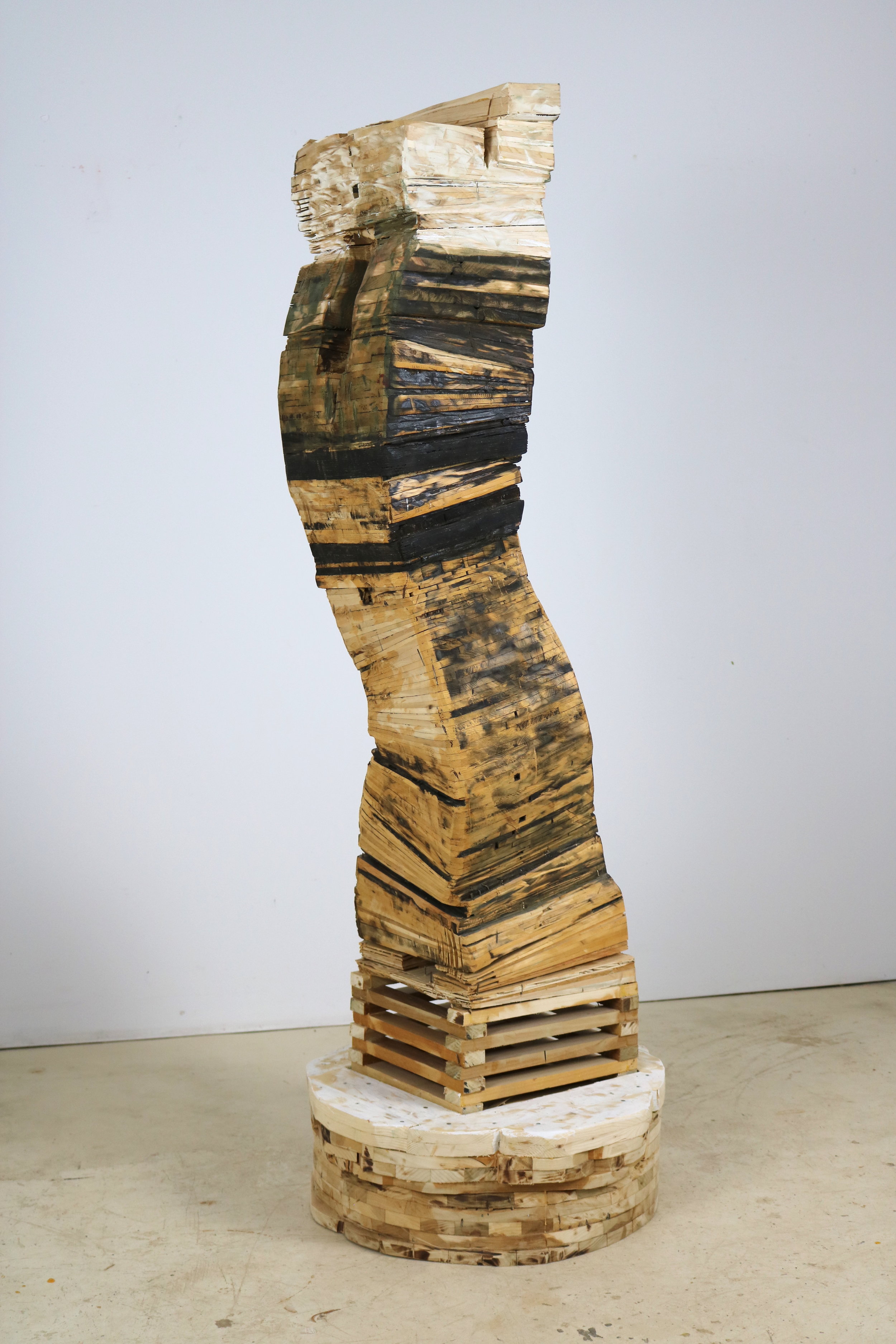  Leslie Zelamsky,  Point of Departure 5 , Pine, cedar, roof shingles, pigment, 63.5 x 23 x 22 