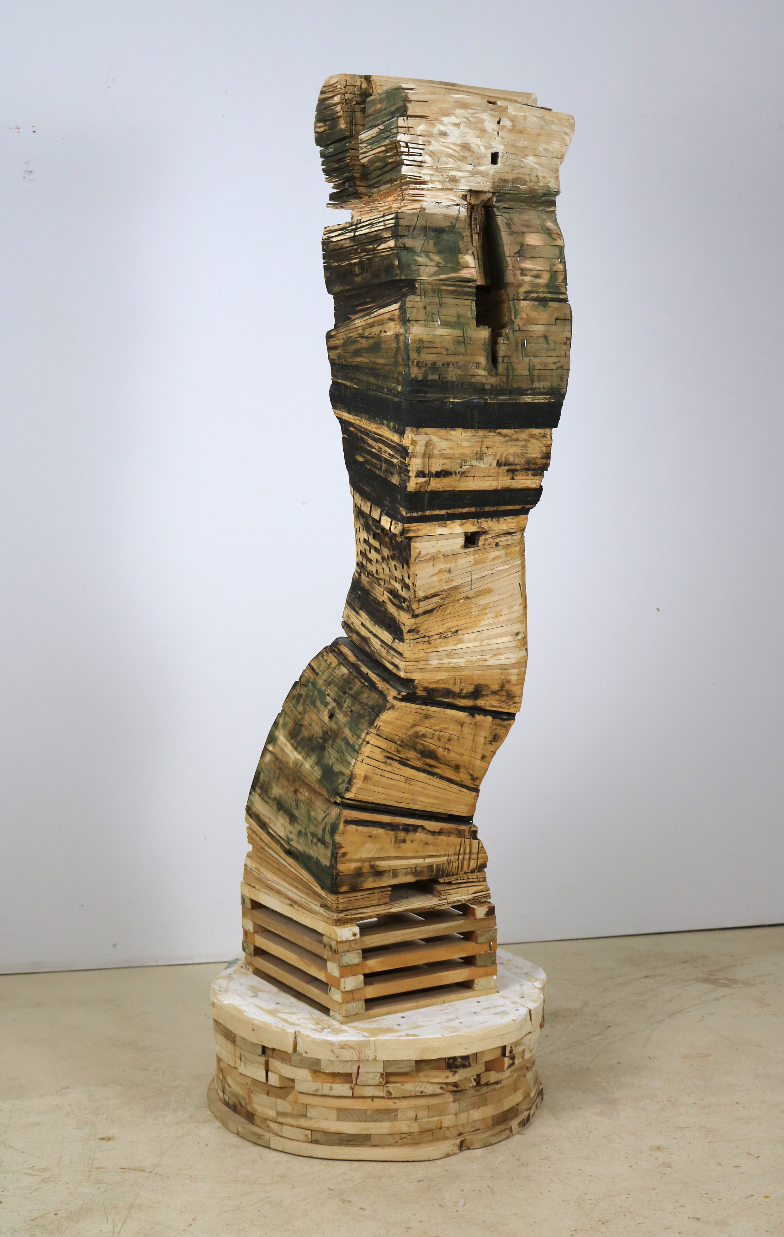 Leslie Zelamsky, Point of Departure 5 , Pine, cedar, roof shingles, pigment, 63.5 x 23 x 22