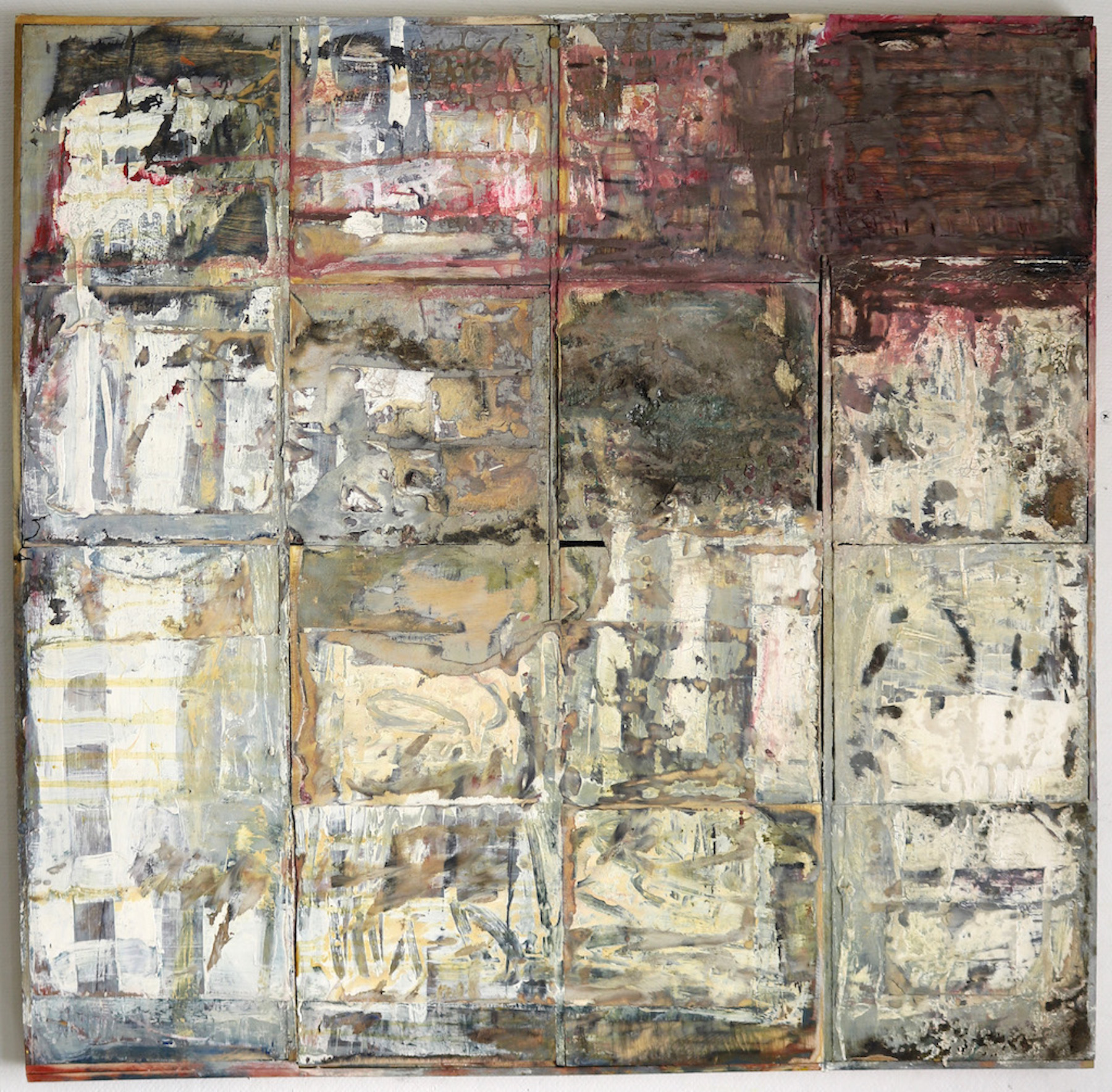  Leslie Zelamsky,  Four by Four , Mixed-media on wood panels, 33 x 33.5 