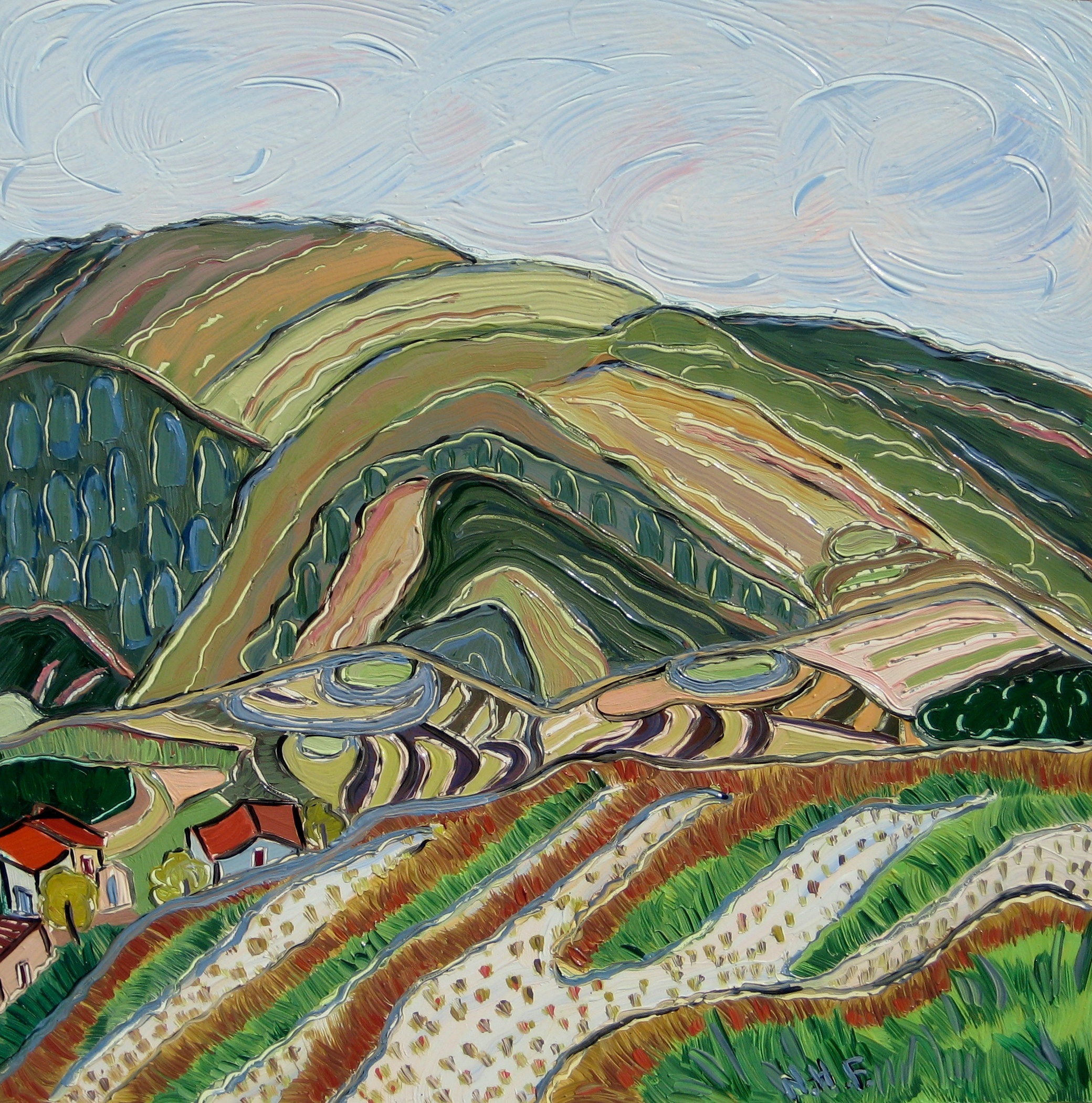  Nan Hass Feldman,  Morning at the Rice Terraces , Oil on panel, 12x12 