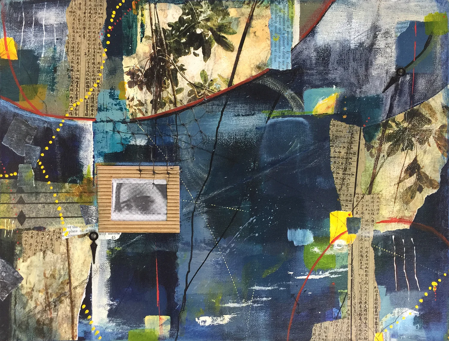 Robin Colodzin, But most like chaos II , Acrylic, found paper, pencil, pastel, clock parts on canvas panel, 12x16