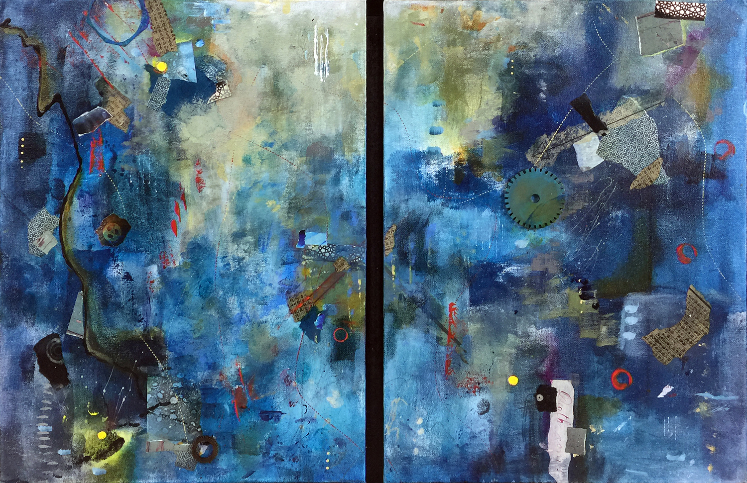 Robin Colodzin, But most like chaos III , Acrylic, found paper, pencil, pastel, wood gear on canvas panels, each panel 16x12