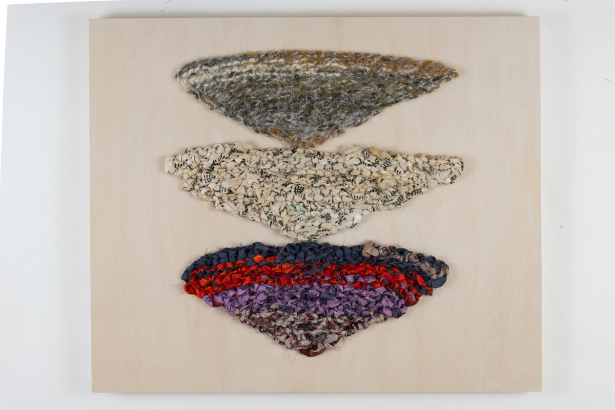   Knitted Strata , hand-knit work on wood panel, by Sylvia Vander Sluis 