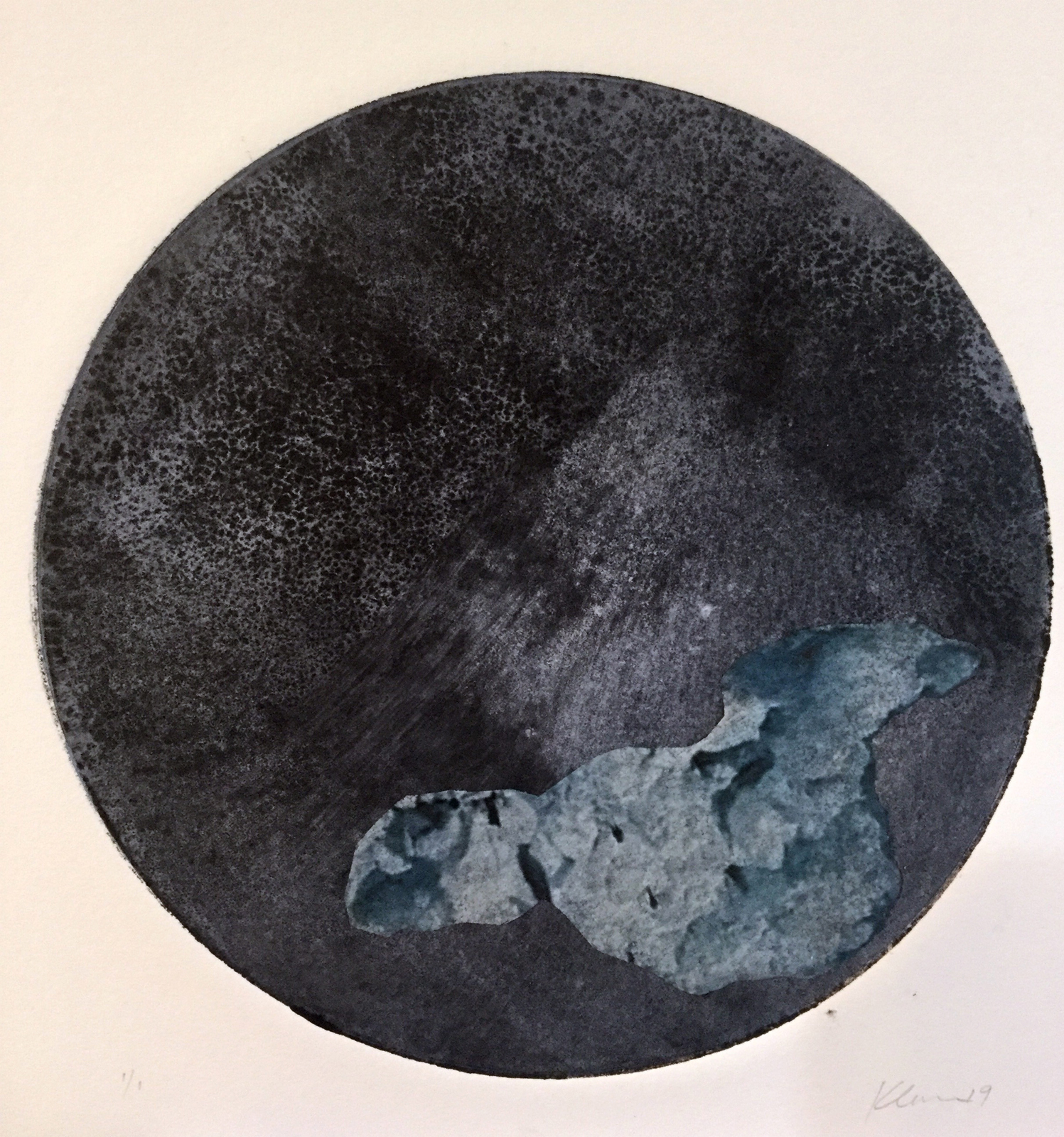  Kathline Carr,  “Asteroid”   Monotype, Chine-Colle, 8"x 8 inches (round) 