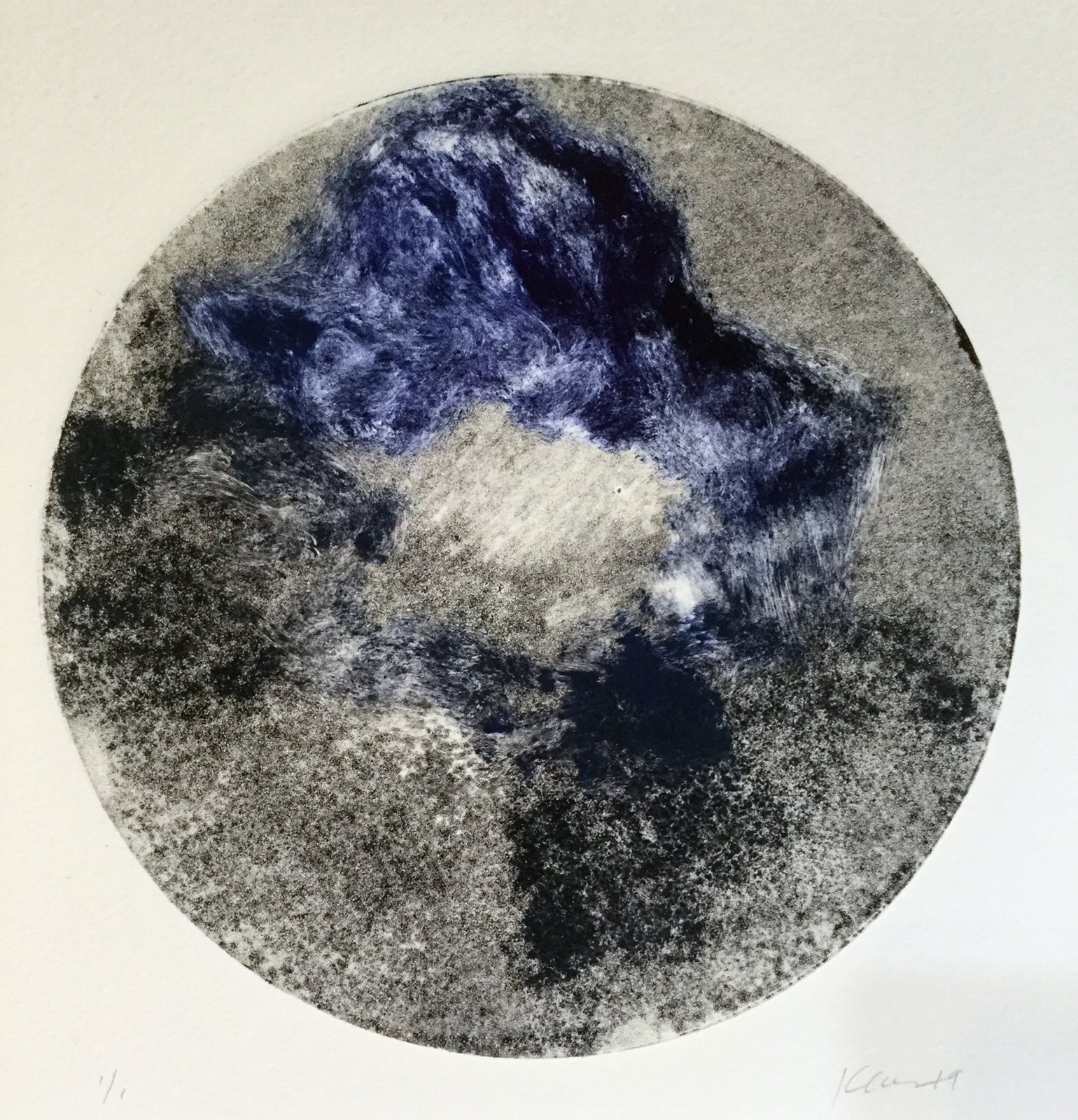  Kathline Carr,  “Blue Storm”   Monotype, 8 x 8 inches (round) 