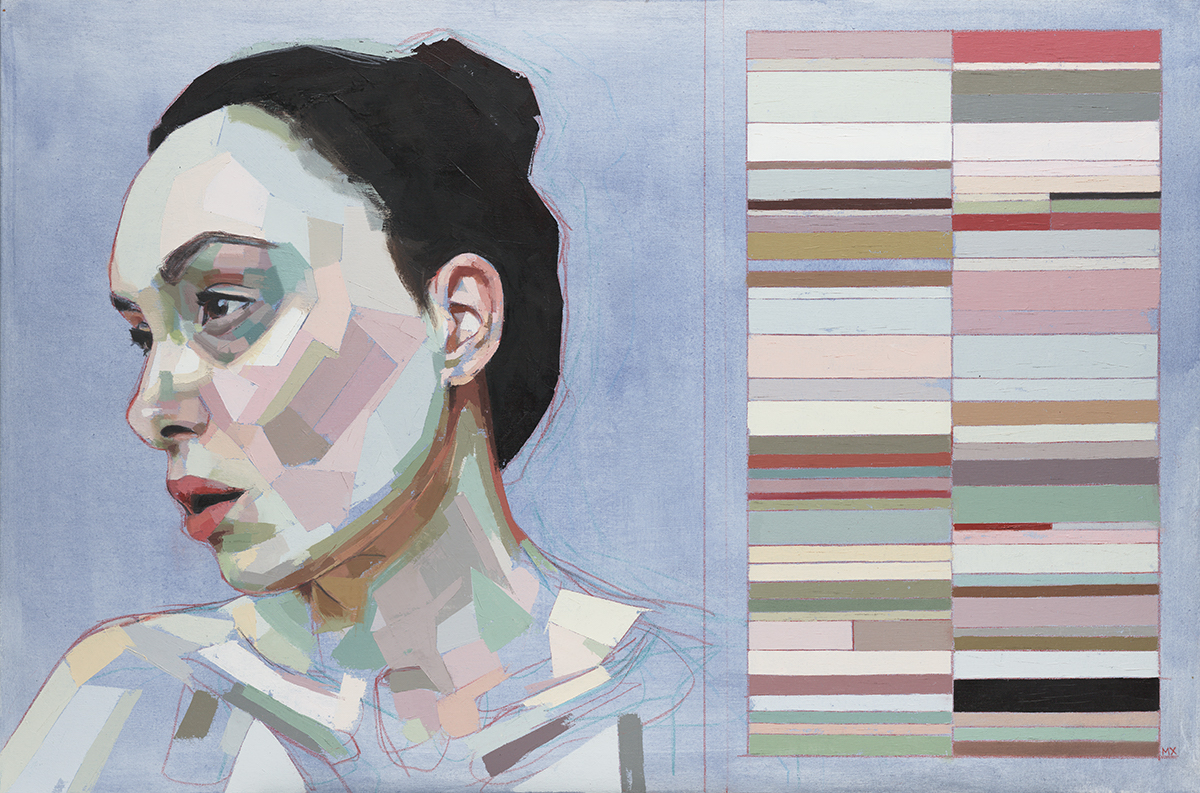  Mia Cross, “ Skye and her Swatches”   Oil on canvas, 24 x 36 inches 