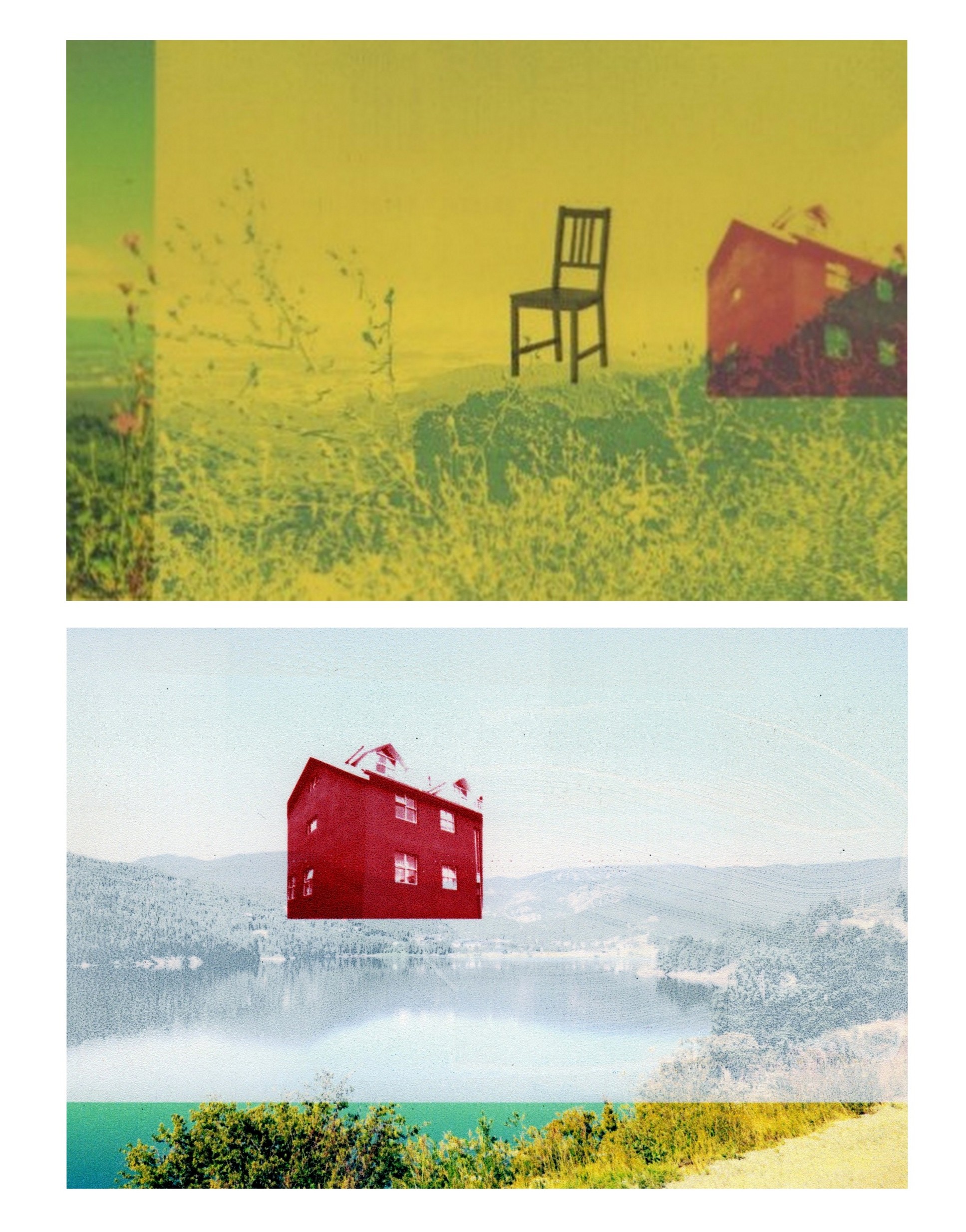  Patty deGrandpre,  “Acres Red House Pair”   Block printing ink and inkjet on photograph, 12.5 x 16.5 inches 