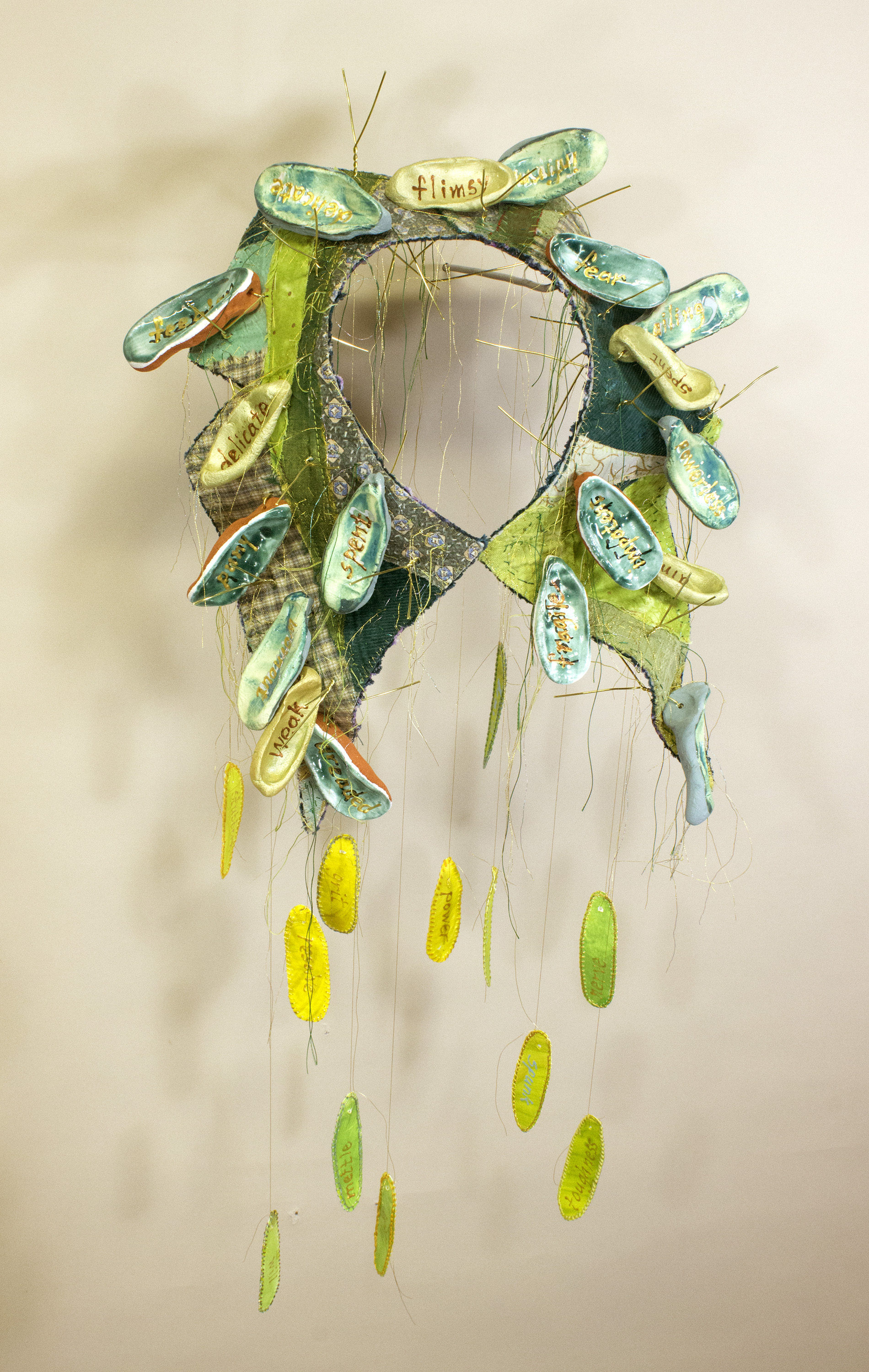  Virginia Mahoney,  “Persist”   Fiber, Ceramic, Metal, Paper, Acrylic, 28 x 12 x 6 inches 