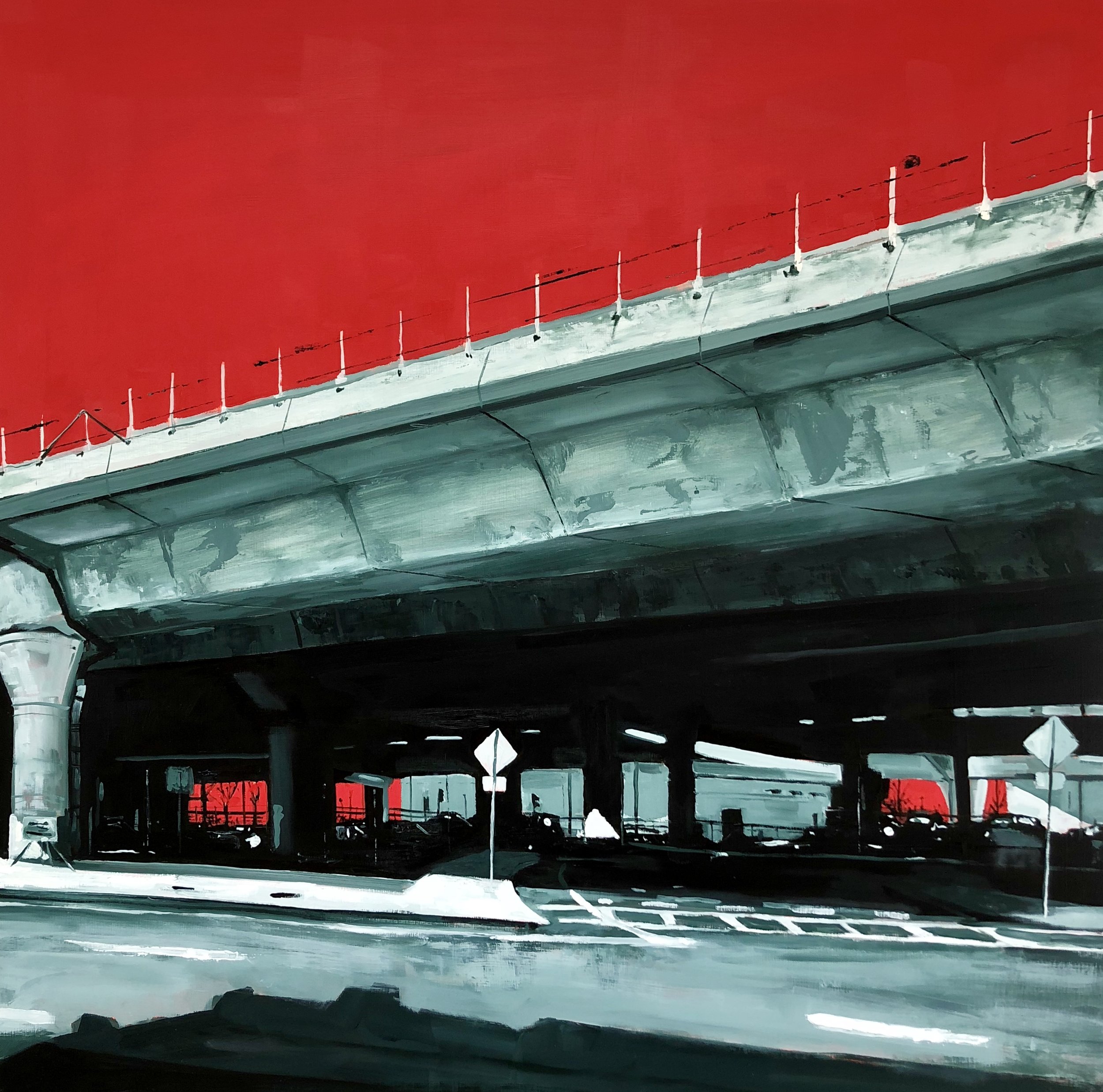  Chris Plunkett,  “Albany St. Overpass Red Sky”   Oil on cradled wood panel, 30 x 30 inches 