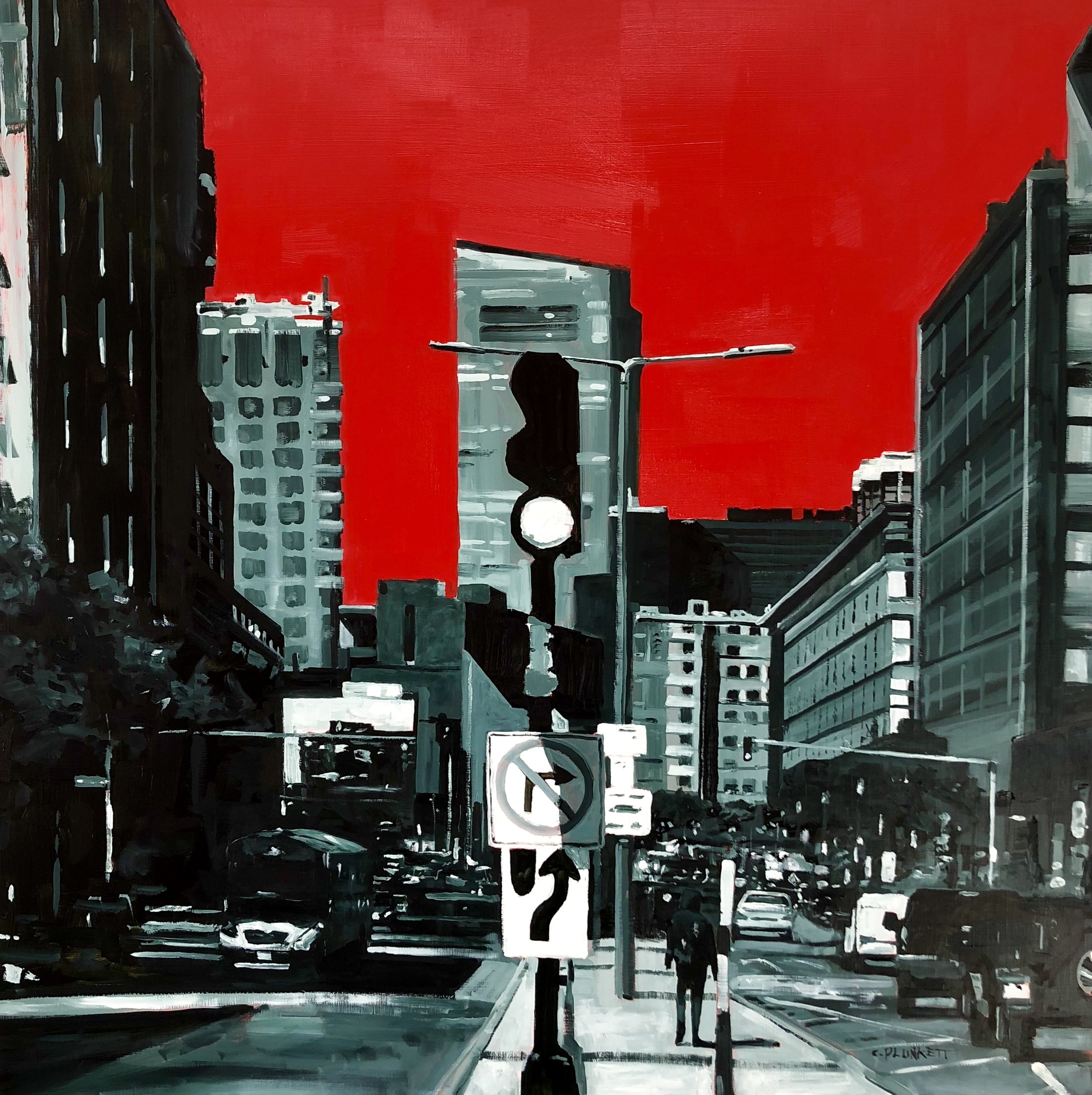  Chris Plunkett,  “E. Berkeley and Harrison Ave. Red Sky”   Oil on cradled wood panel, 30 x 30 inches 