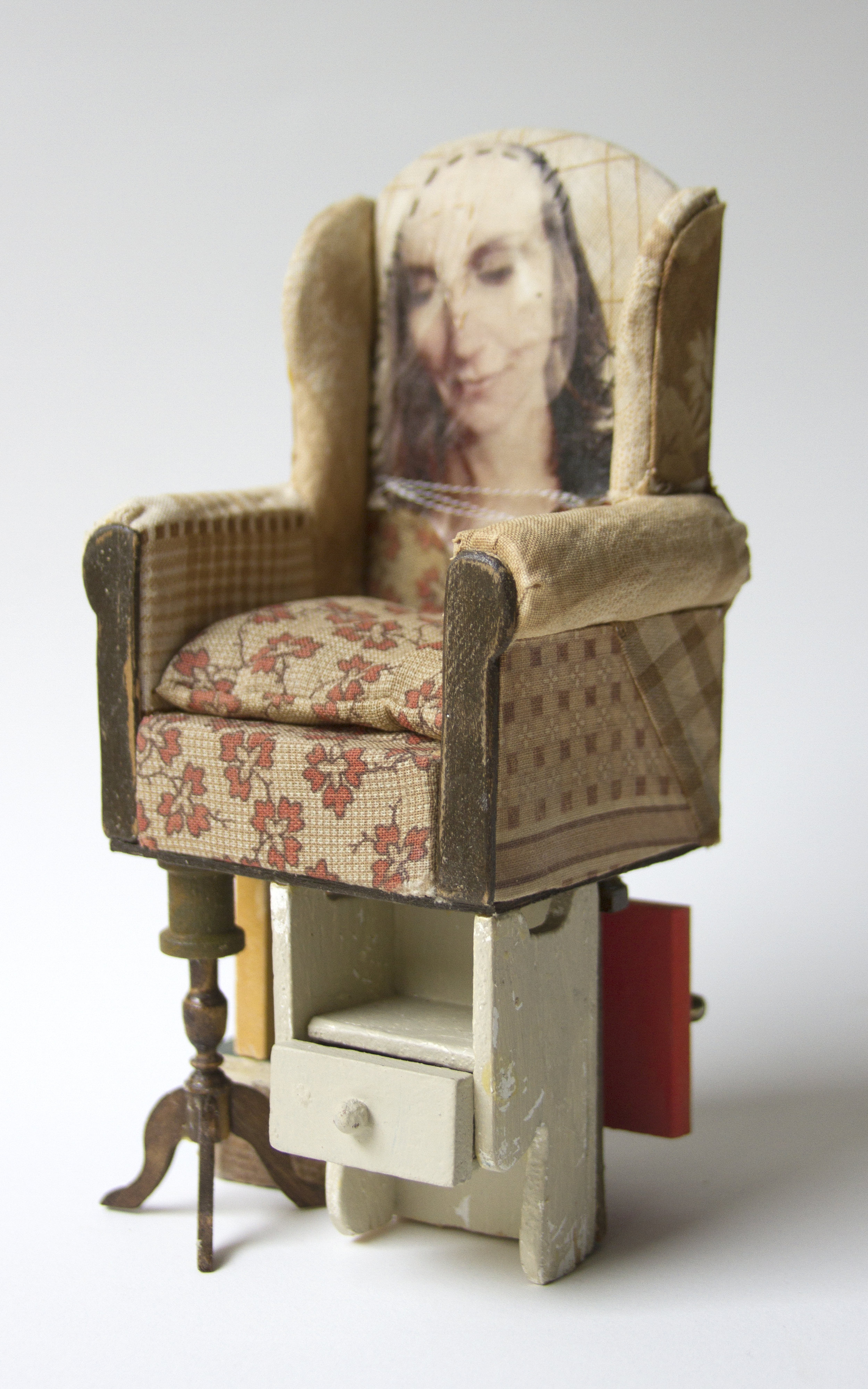  Chelsea Revelle,  “Imperial Harlequin”   Dollhouse furniture, fabric, wood, 6.5 x 3 x 2 inches 