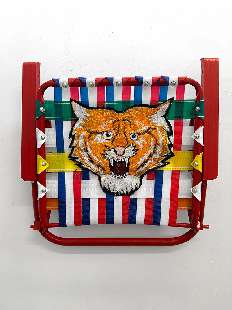  Daniel Zeese,  “Folding Chair with Tiger Patch”  Aluminum, Nylon, Cotton, 24 x 28 x 2 inches 