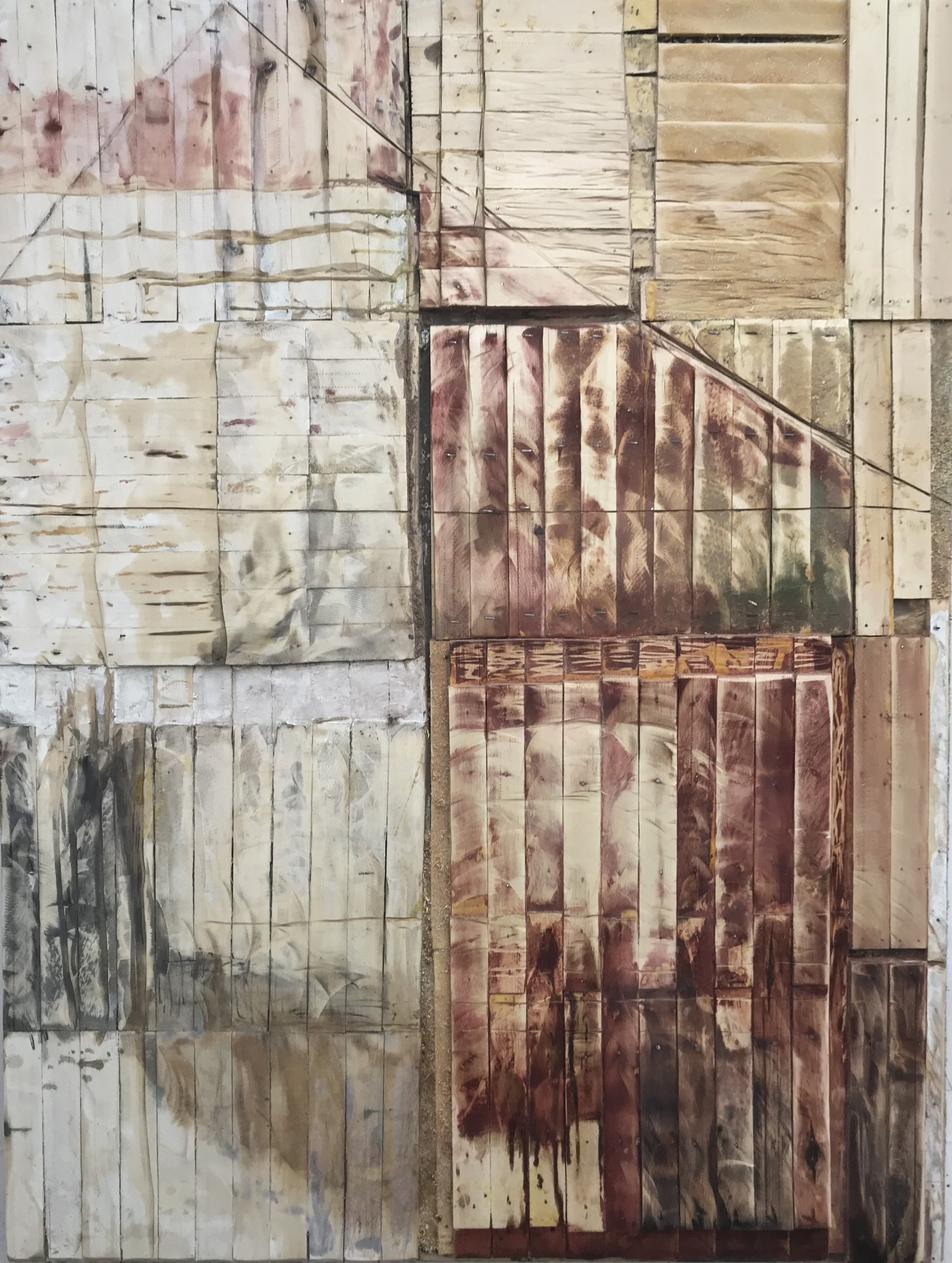  Leslie Zelamsky,  “Dwelling Revisited”   Shims and patina on panel, 48 x 36 inches 