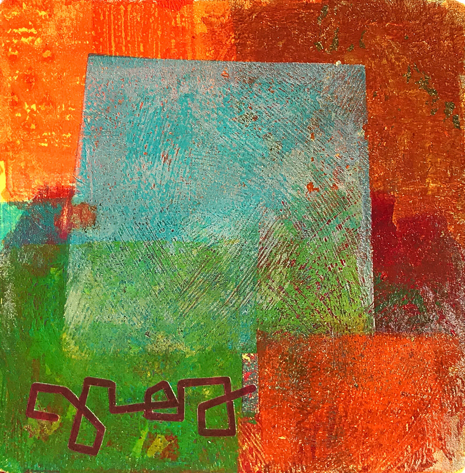 Object Thoughts 1, monoprint, collage, 13 x 13 inches