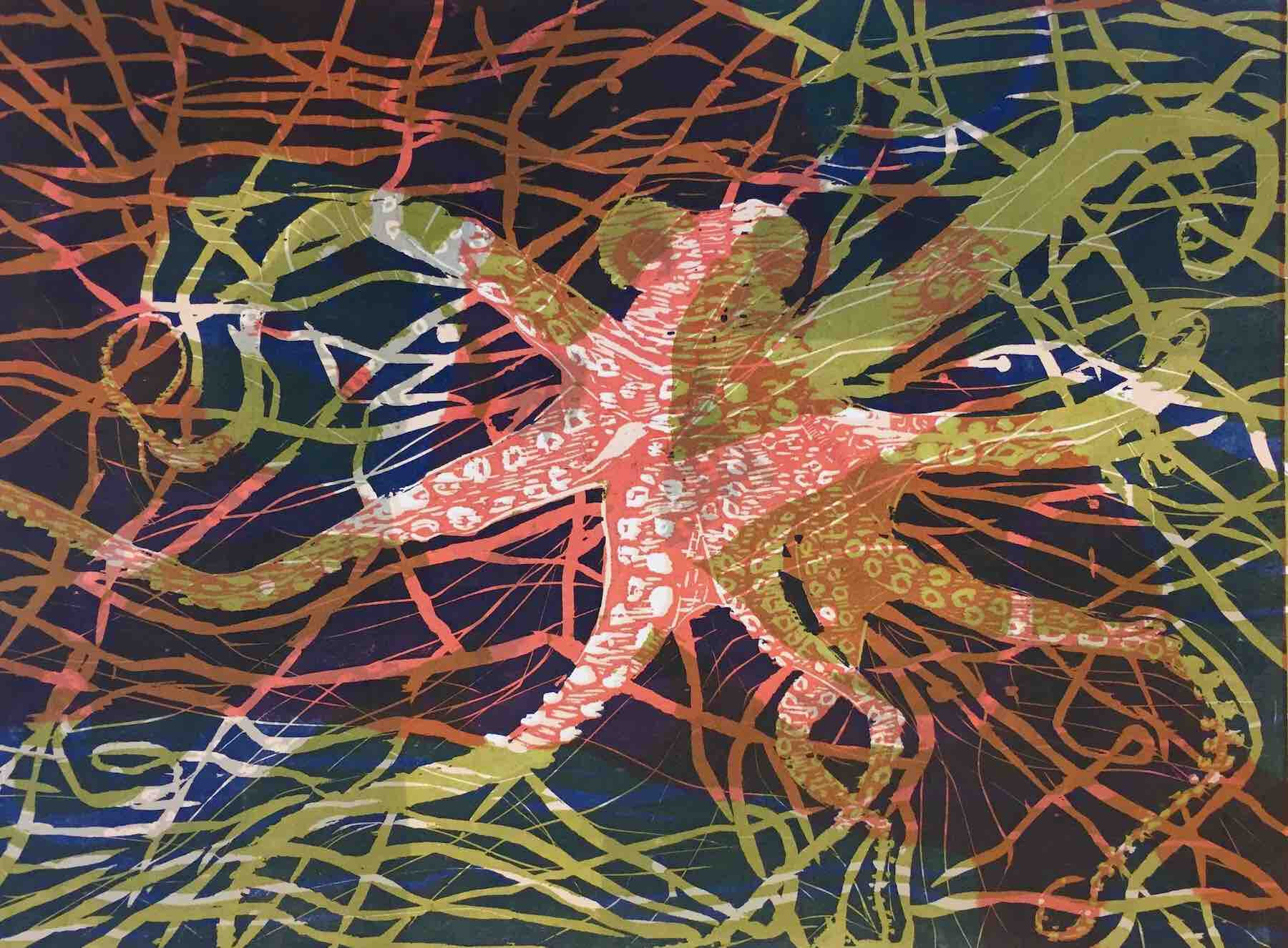 Octopus 3, woodcut, 19 x 23 inches