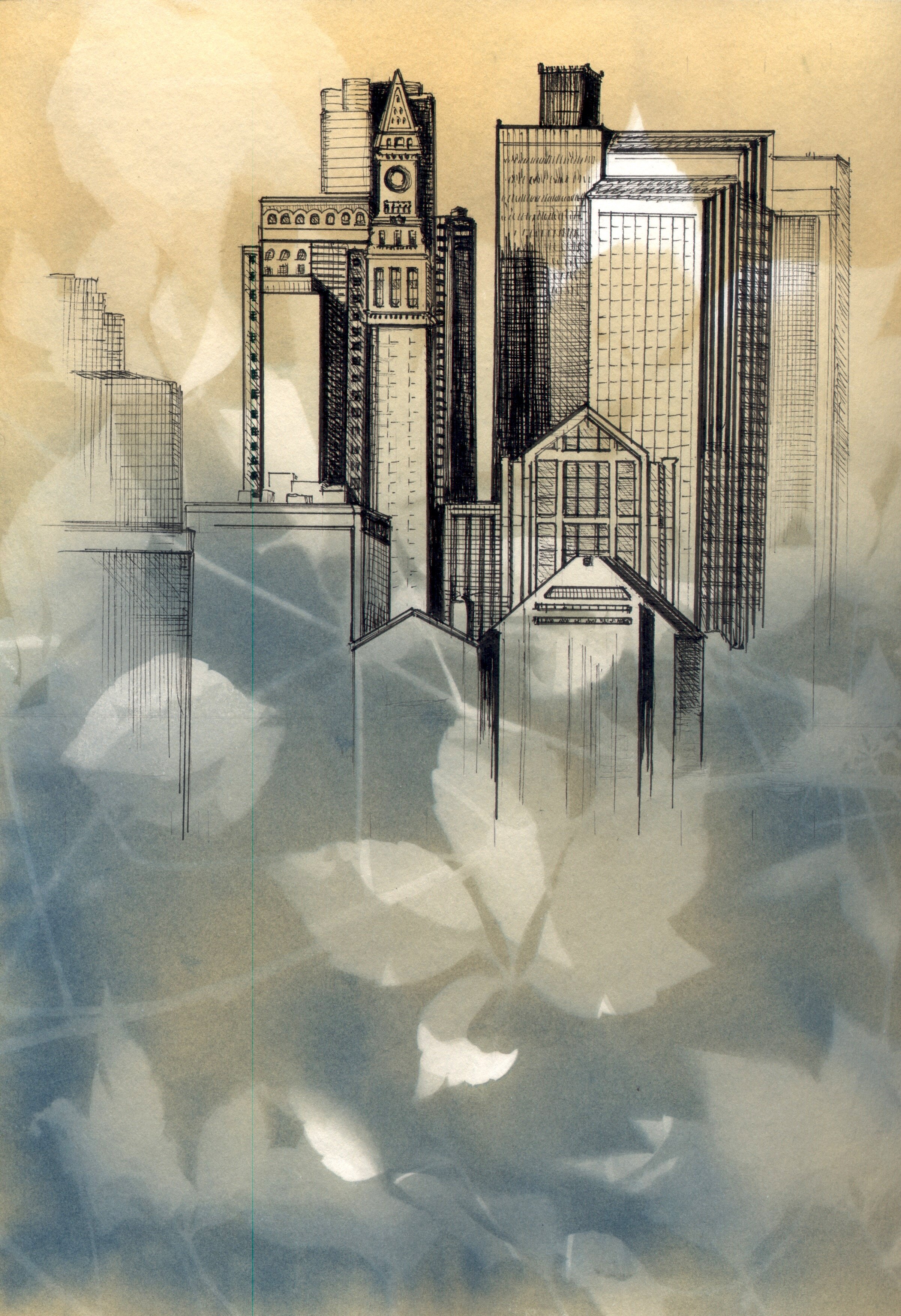  Marie Craig,  “Boston (pop. 4.8 million, elev. 5.8 meters)”  Ink on toned cyanotype, 8.5 x 11 inches 