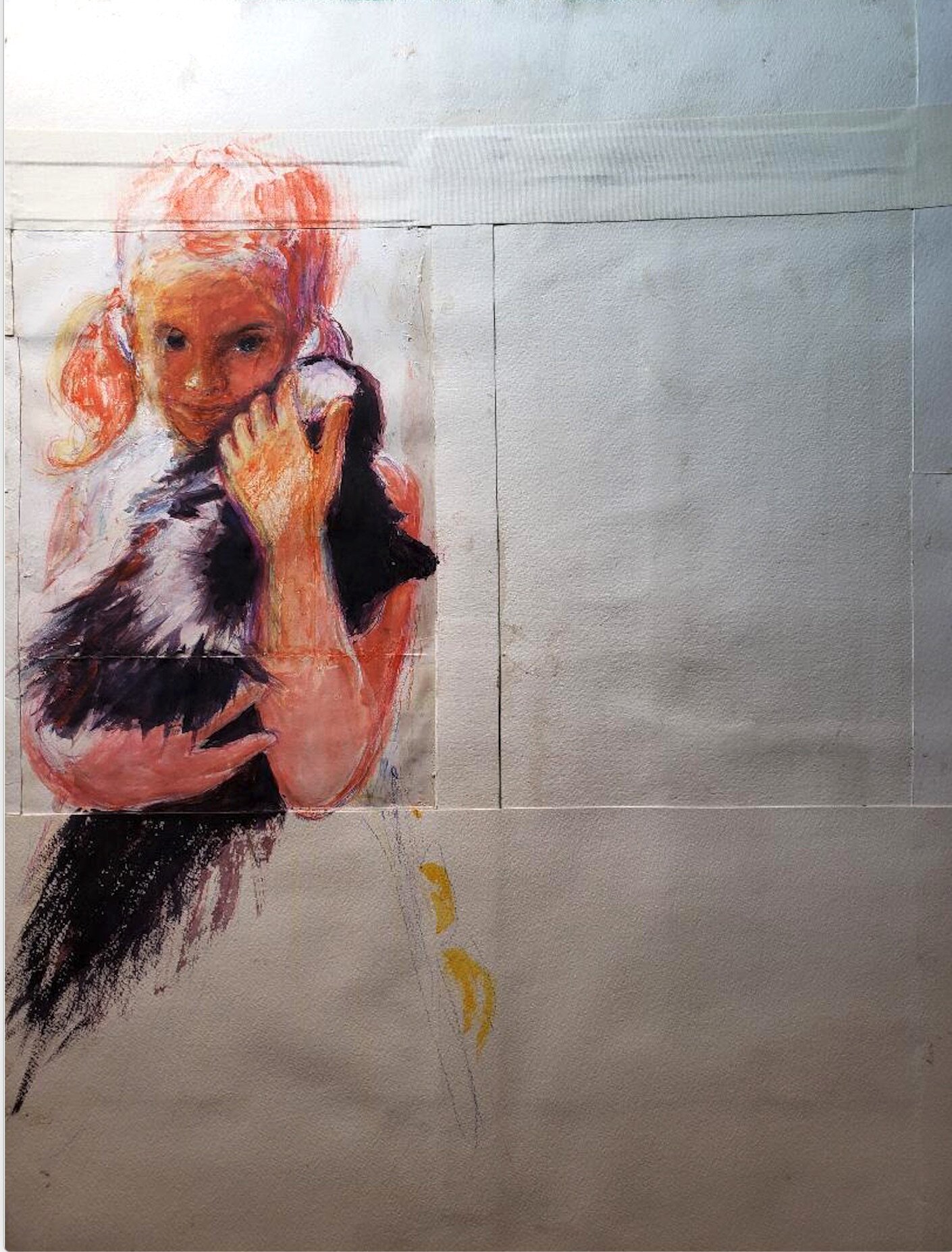   Tamara Krendel ,  Self-portrait with Skunk , mixed-media on patched and taped paper, 24x18 inches, $4,500 