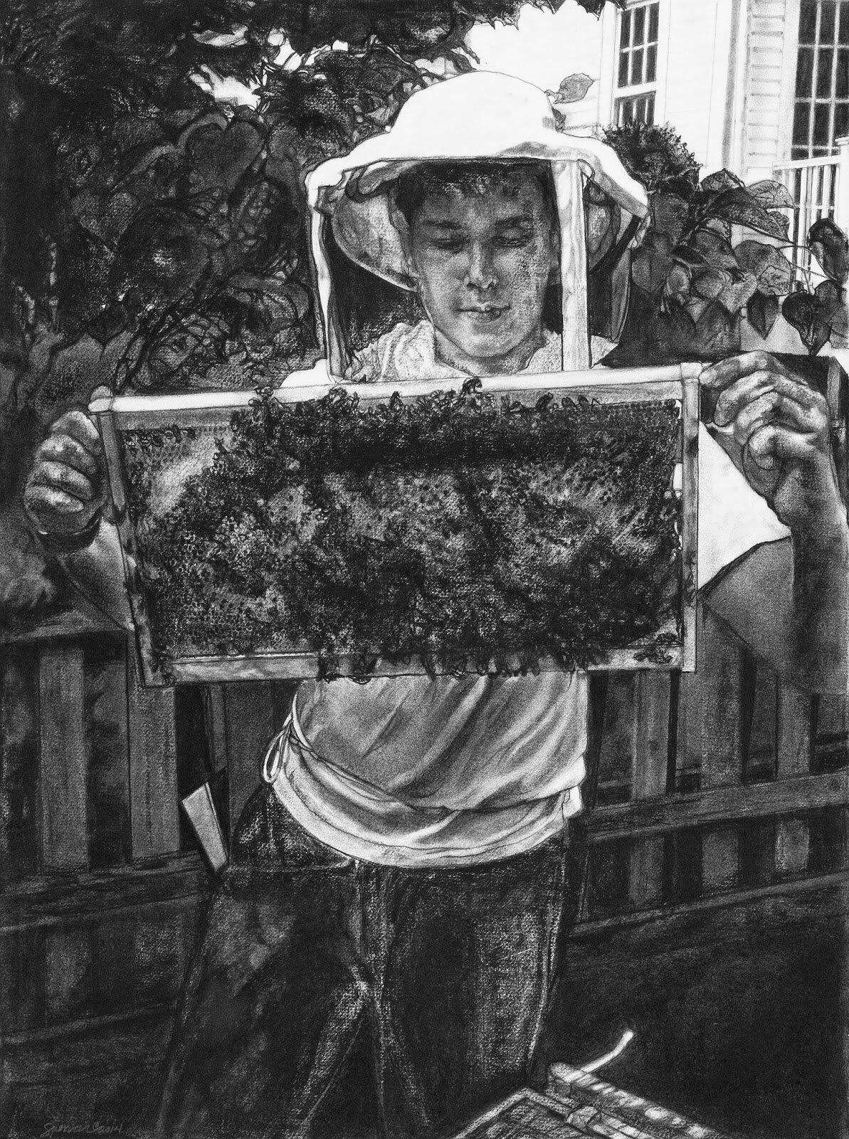  Mary Spencer,  Seth with Honey Bees,  Charcoal on Rag Paper, 30”x 22” 