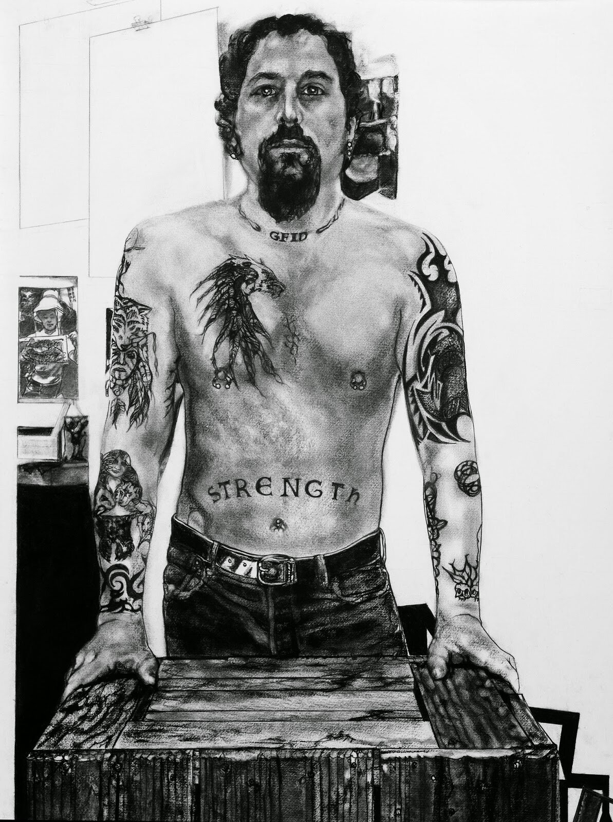  Mary Spencer,  Jay showing his Ink,  Charcoal on Rag Paper, 30”x 22” 