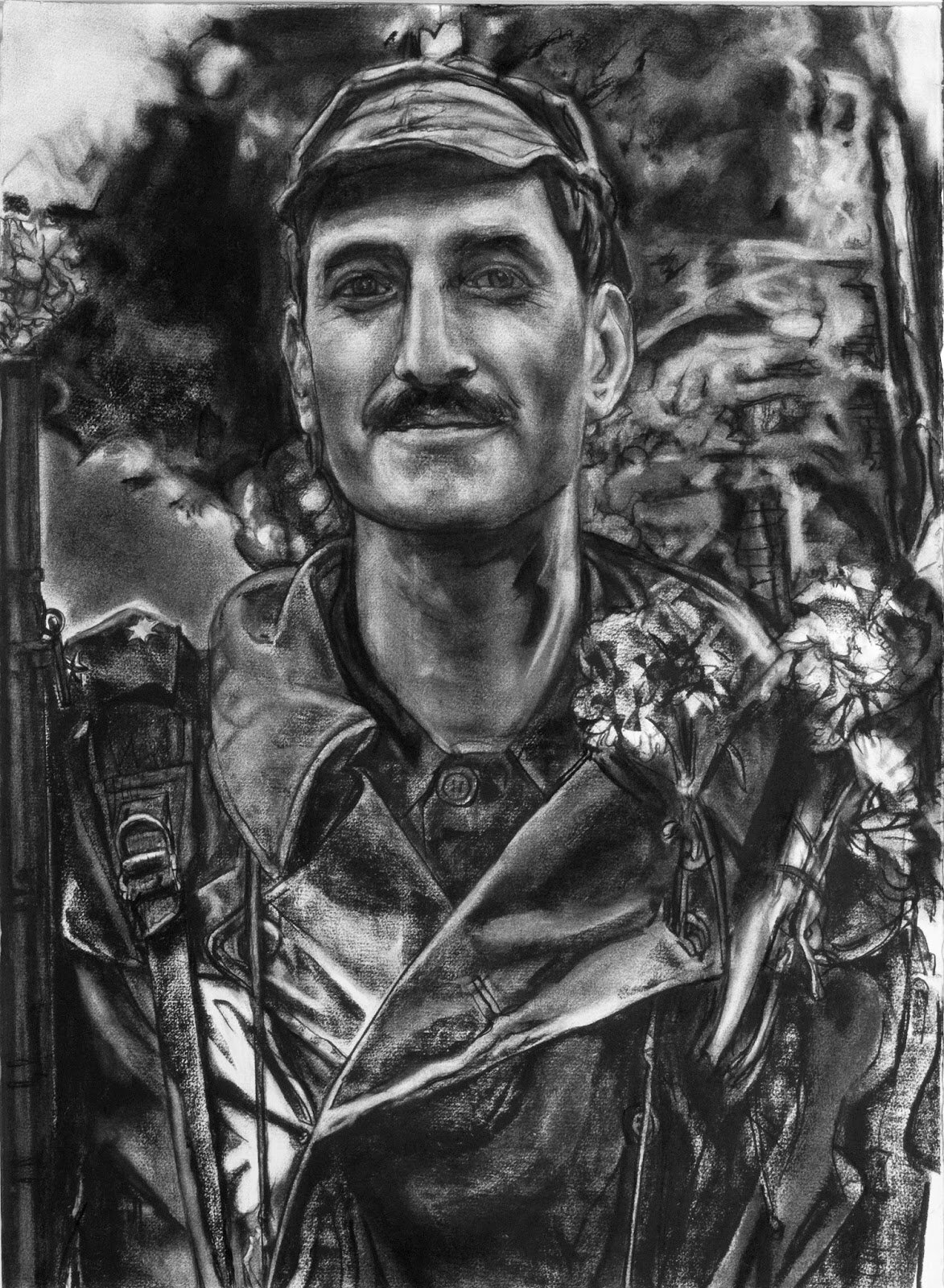  Mary Spencer,  Guns and Carnations,  Charcoal on Rag Paper, 30”x 22” 