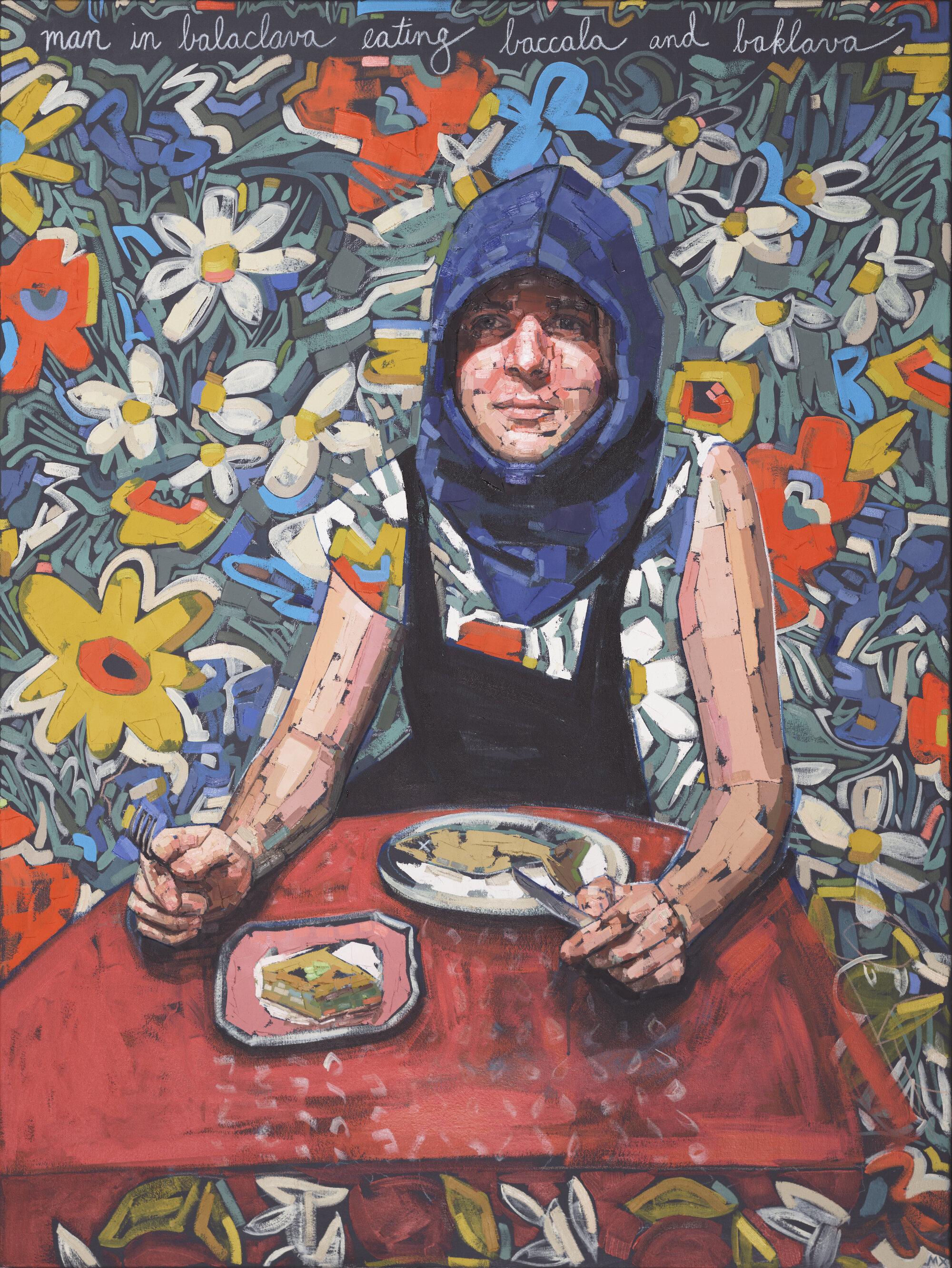  Mia Cross,  Man in Balaclava Eating Baccala and  Baklava,  Oil and acrylic on canvas, 24x48 