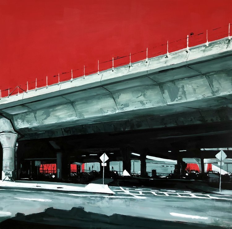    Albany St. Overpass Red Sky    oil on cradled wood panel, 30 x 30 inches 