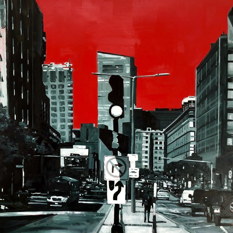    E. Berkeley and Harrison Ave. Red Sky    oil on cradled wood panel, 30 x 30 inches 