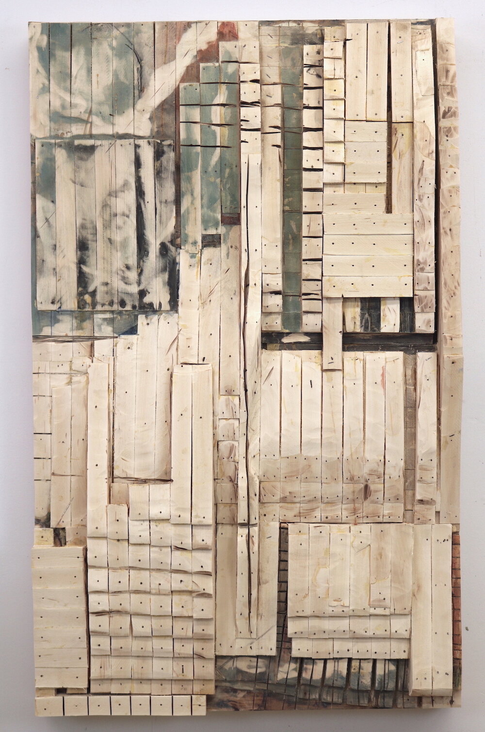    Dwelling Revisited 2   paint, wood shims, nails on panel, 48” x 30” x 4.75” 