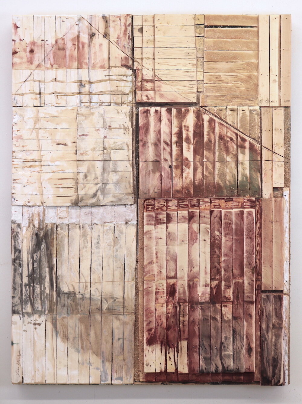    Dwelling Revisited    paint, wood shims, charcoal, 48” x 36” x 3.75” 