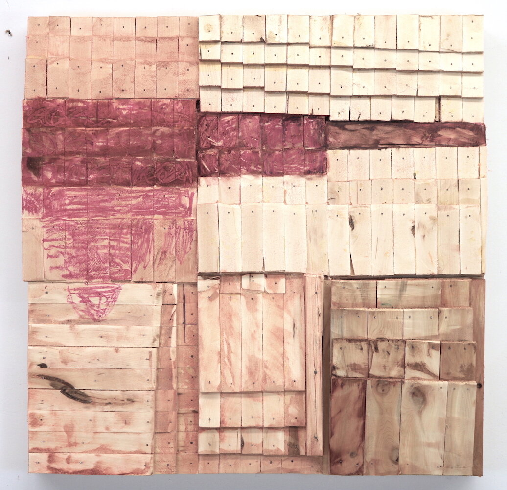    Dwelling Revisited 5    paint, wood shims, charcoal, 30” x 30” x 4” 