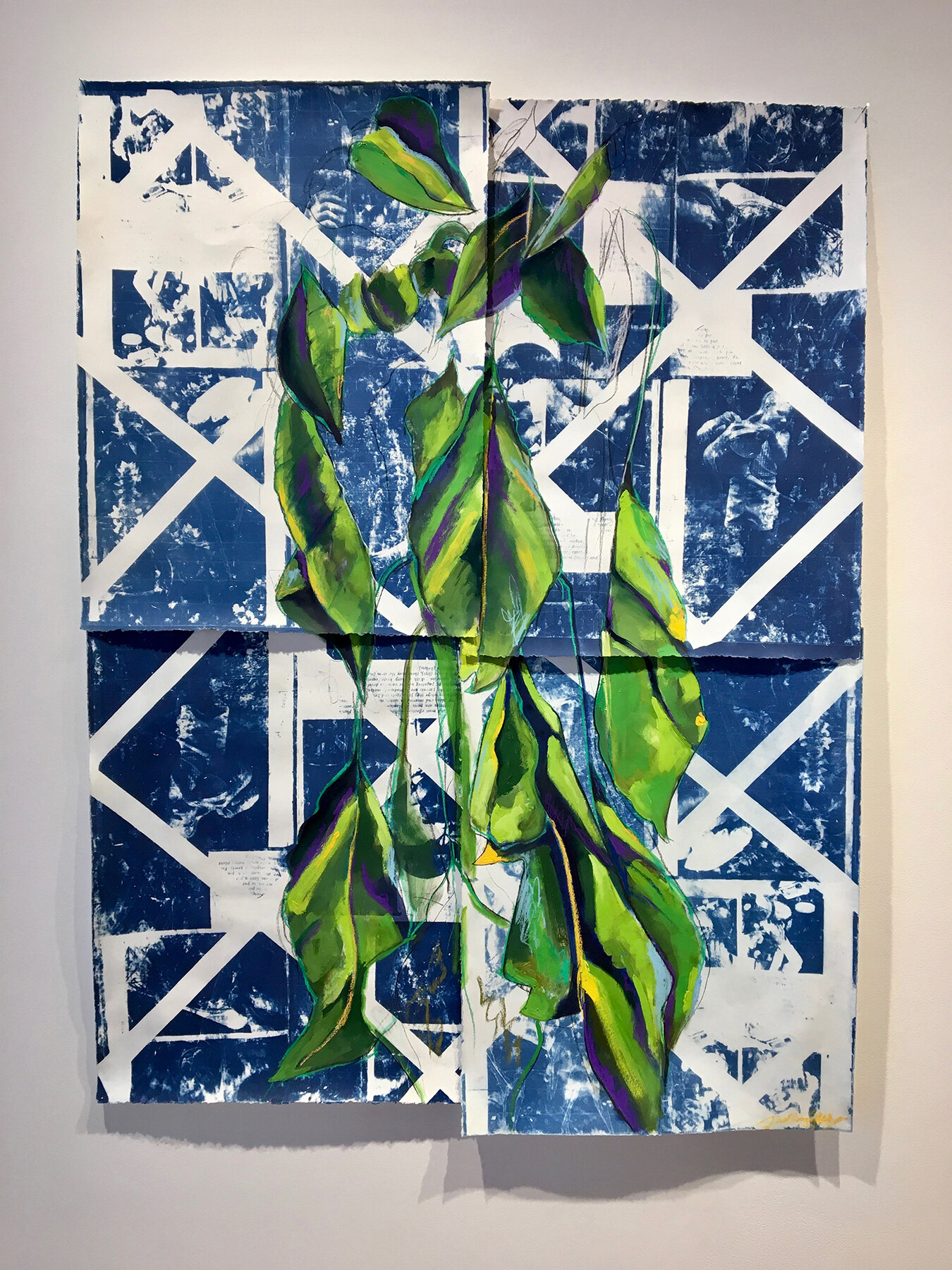   my yard ; cyanotype, oil paint, pastel, charcoal; 42 x 32 inches 