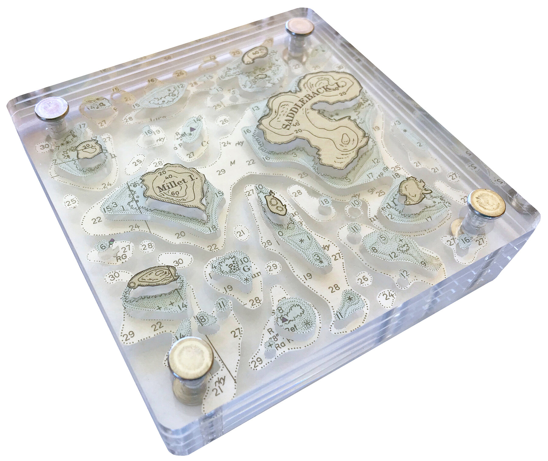   Floating;   excavated vintage nautical chart, acrylic, metal,  .75h x 4.5w x 4.5d inches 