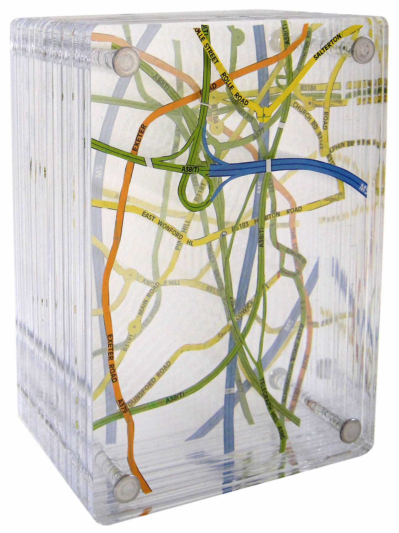   Get By;   excavated vintage map, acrylic, metal;    6.75h x 4.75w x 3.5d inches 