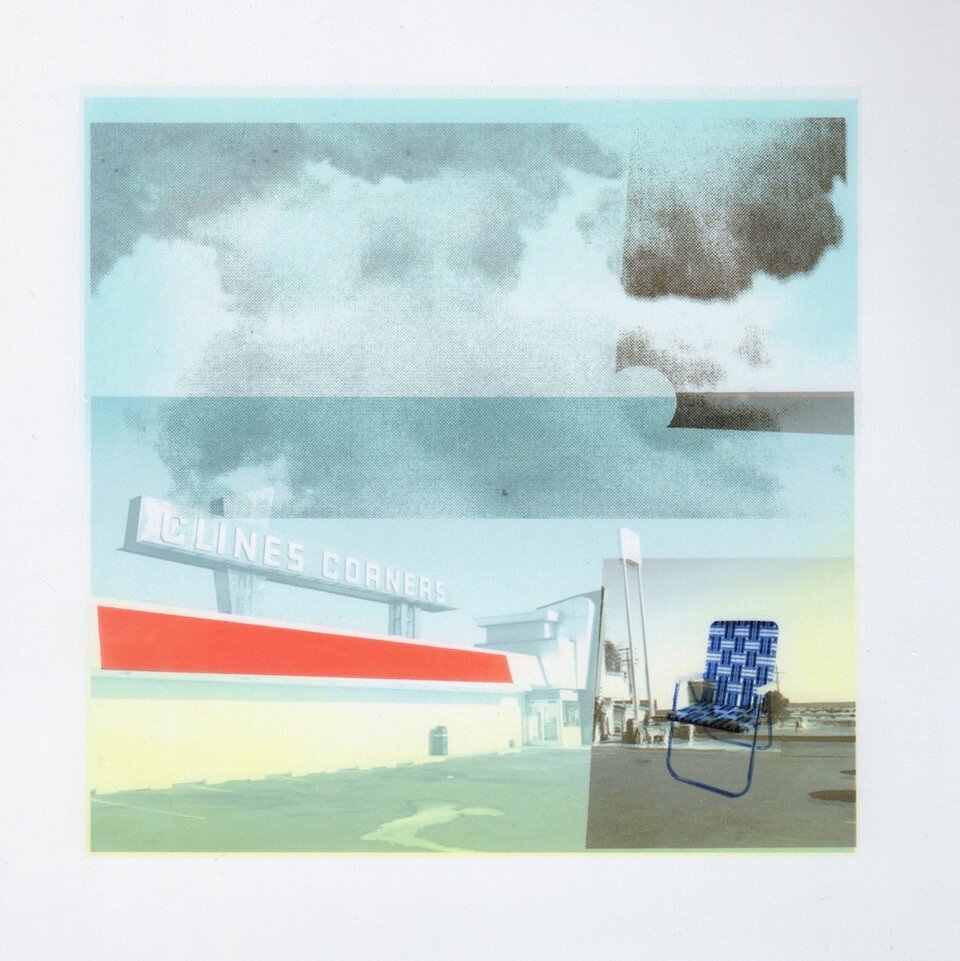    Clines Corner (stop and sit for a while)    Ink, digital inkjet, pastel on drafting film 12 x 12 inches 