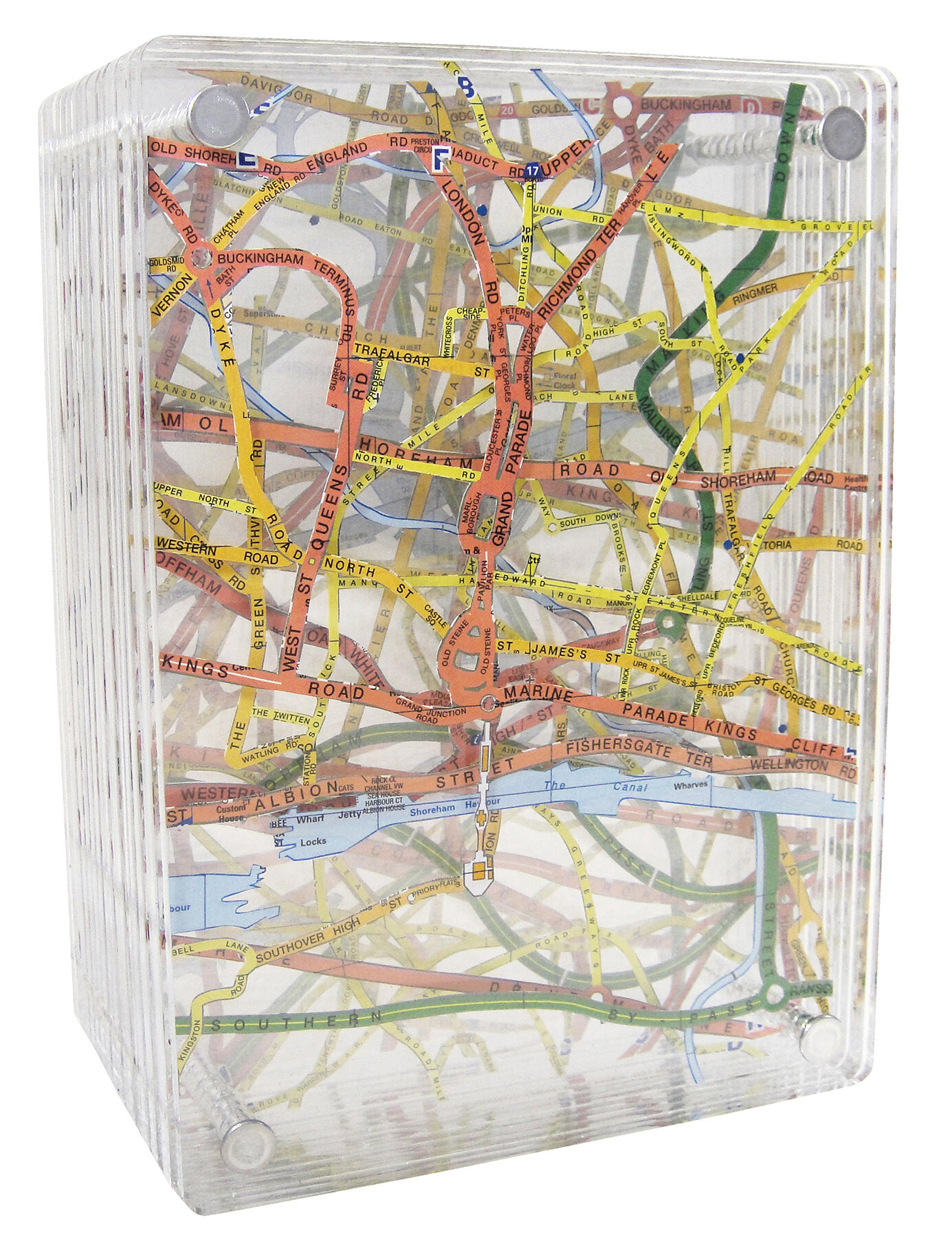   Carousel;   excavated vintage map, acrylic, metal;    7.75h x 5.5w x 1.5d inches 