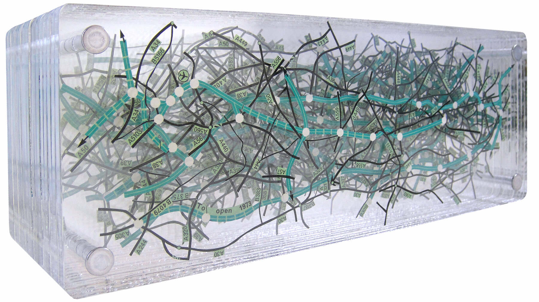   Intersections;   excavated vintage map, acrylic, metal;  4h x 10.75w x 3.75d inches 