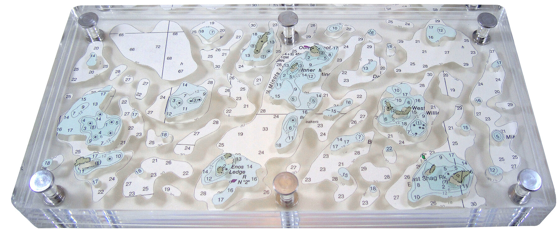   Surface Tension;   excavated vintage nautical chart, acrylic, metal;  .75h x 9w x 4.5 inches 