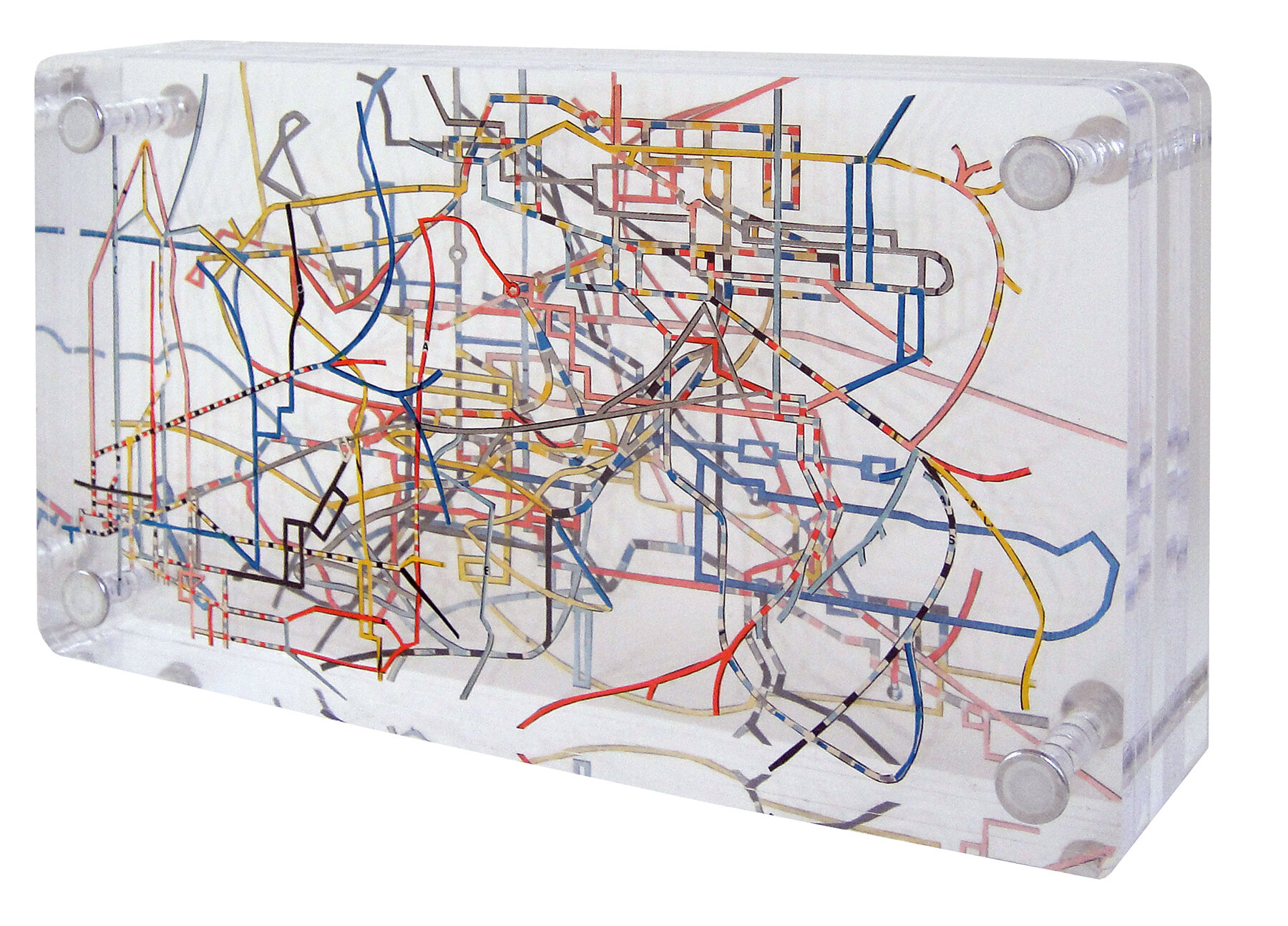   Primary Routes;   excavated vintage map, acrylic, metal;  4.25h x 7.5 w x 1.5d inches 