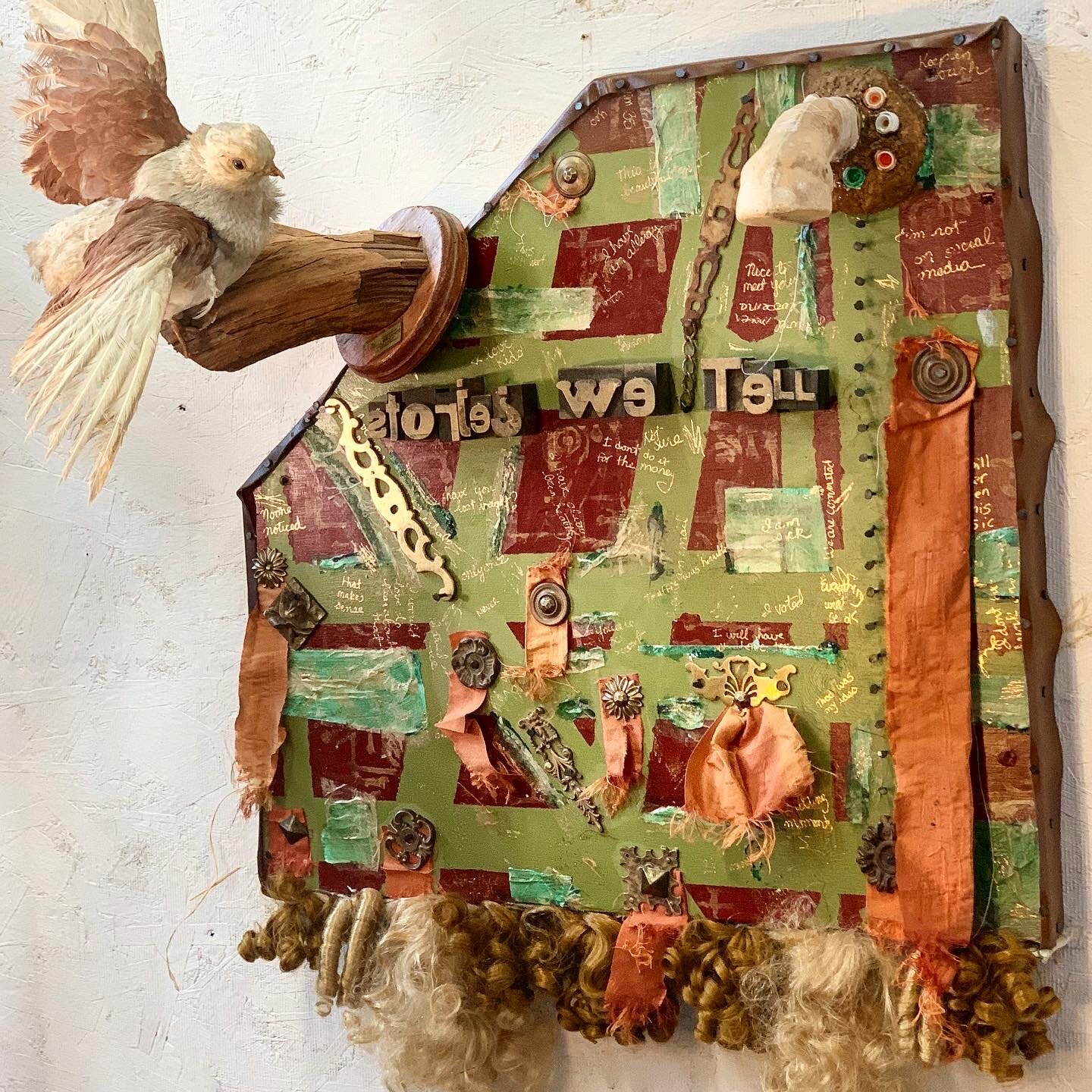    Stories We Tell     found objects, wood, paint, gold leaf;  23 x 24 x 12 inches 