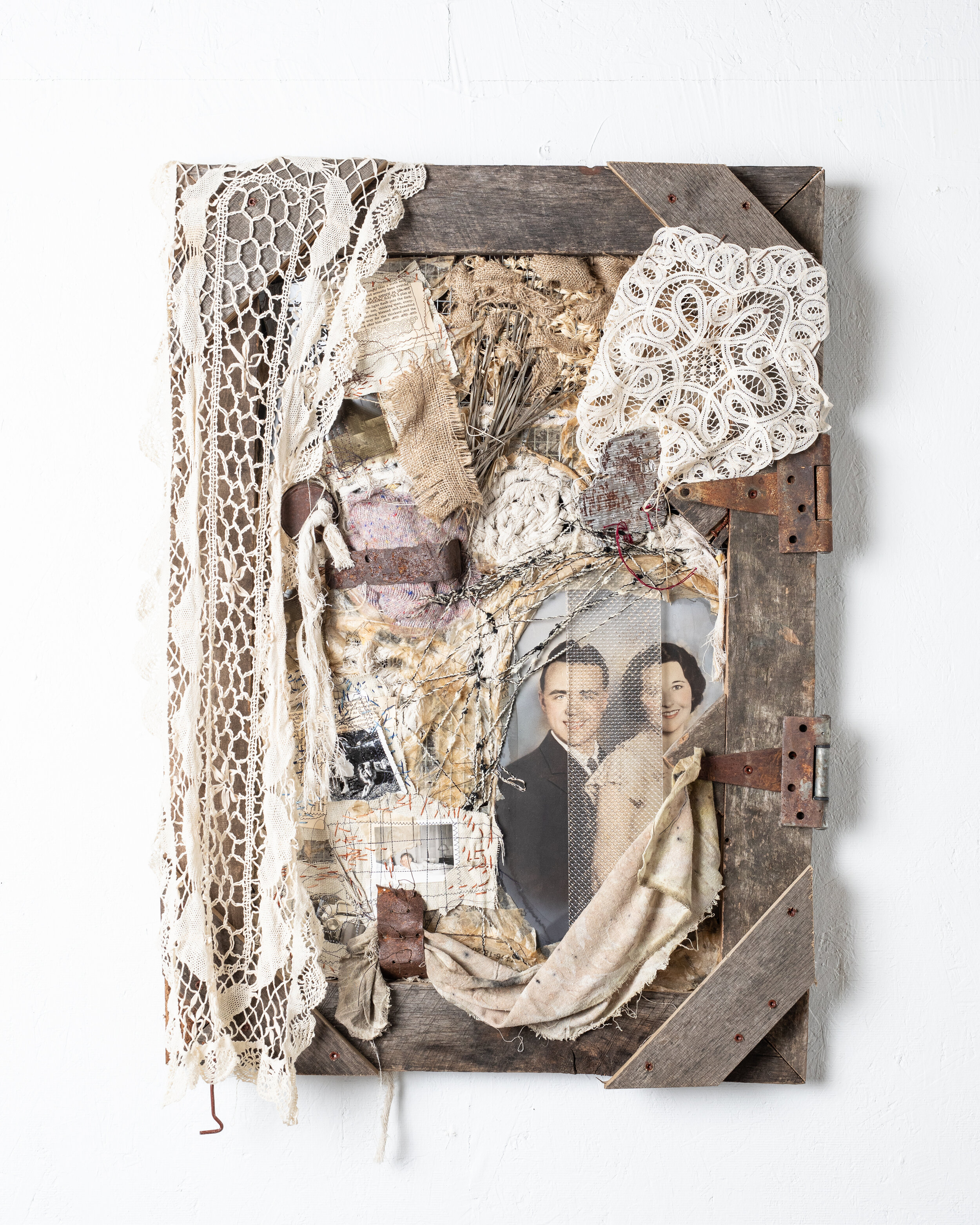    The Ballad of Hazel and Joel     found objects, paper, thread, cloth; 35 x 25 inches 