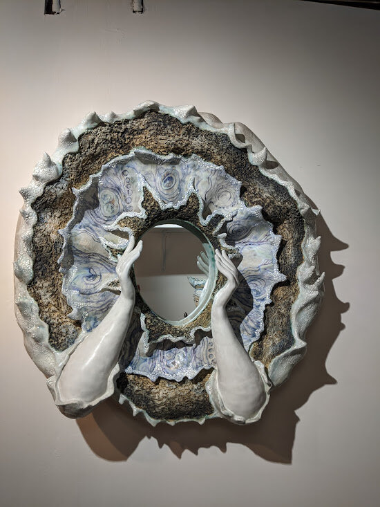    Shell Dweller Mirror     stoneware, stains, glazes, 25 x 25 x 7 inches 