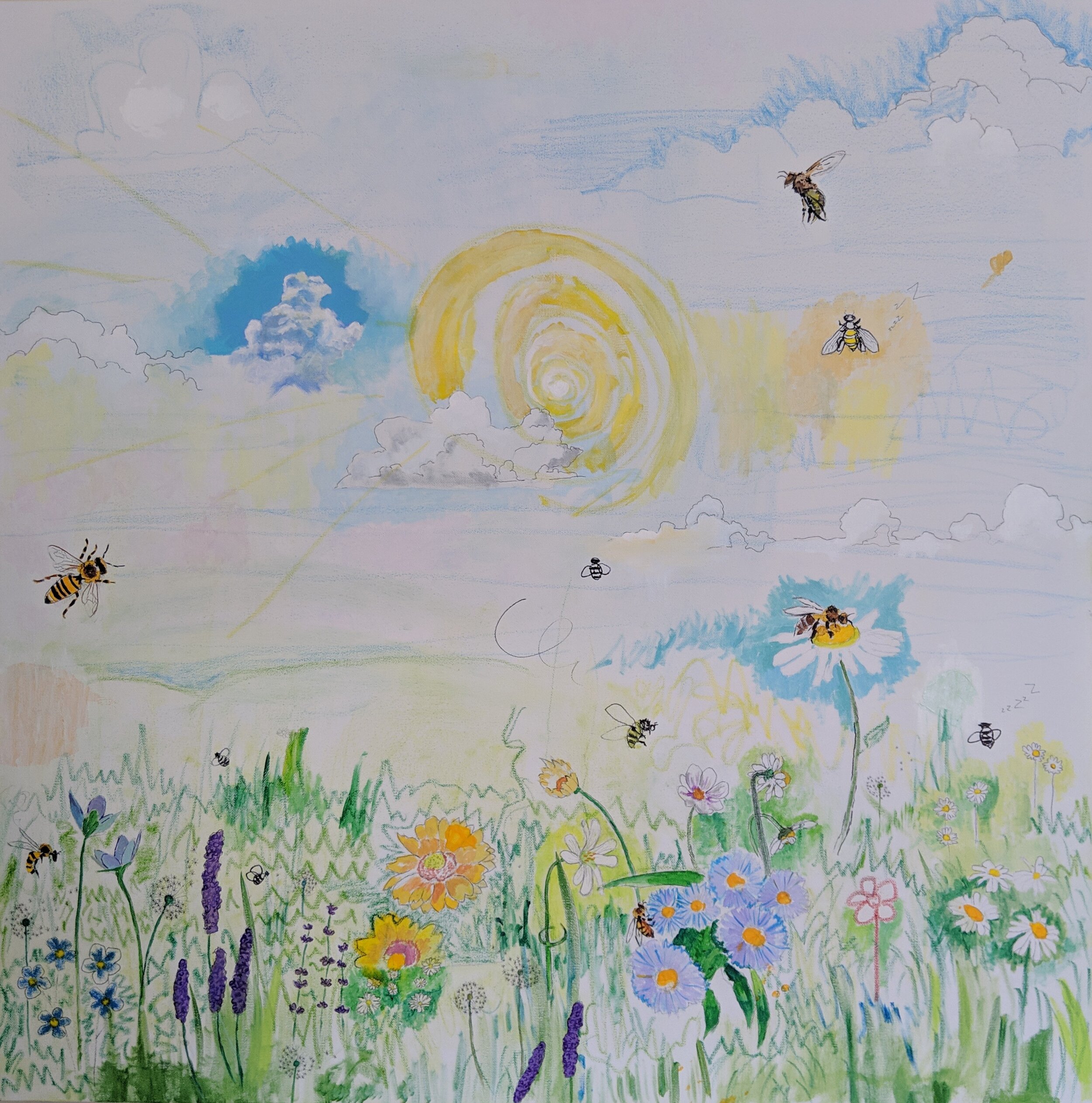    The bees, the bees, the bees,   mixed media on canvas, 36 x 36 inches 