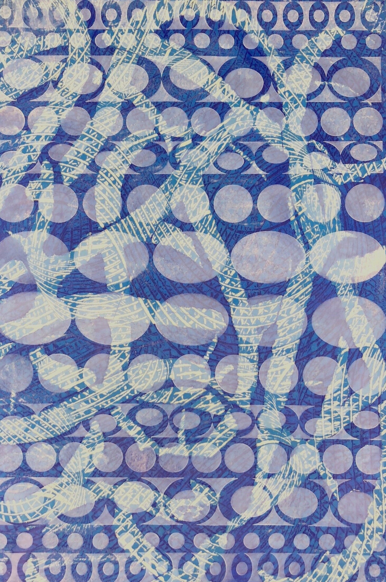    Tangled Blue    encaustic monotype, pastel on paper, 17.5 x 11.5 inches 