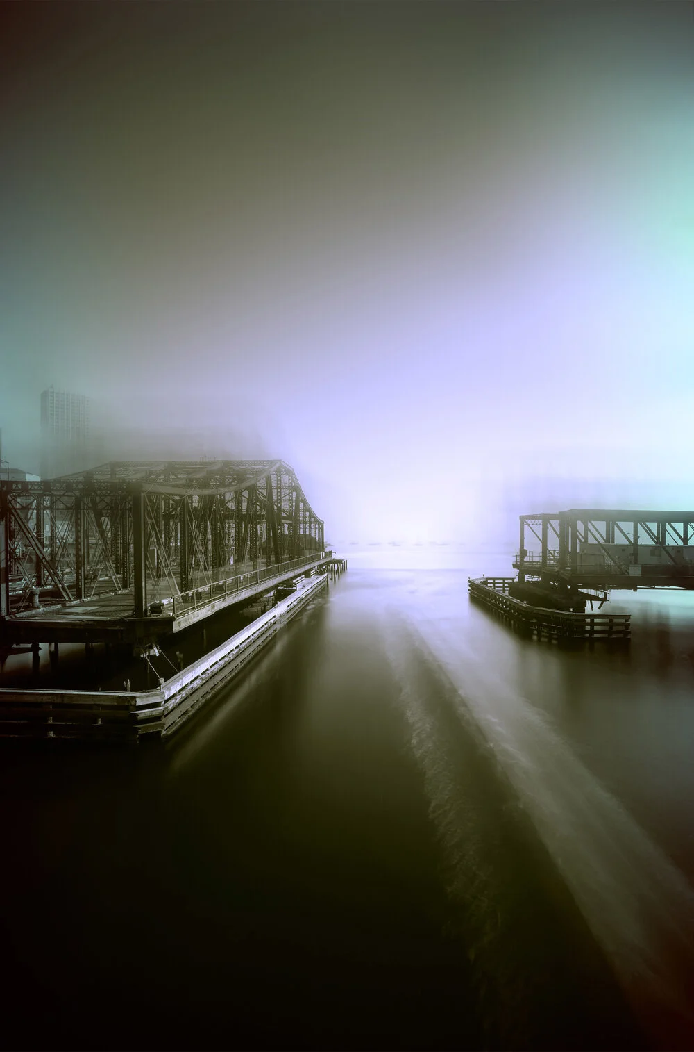 Jeffrey Heyne ”Bridge with Cobalt Violet and Phthalocyanine Green, 8:35 am” Archival pigment print mounted to plexiglass, on Dibond panel, with frame 45 x 30 inches