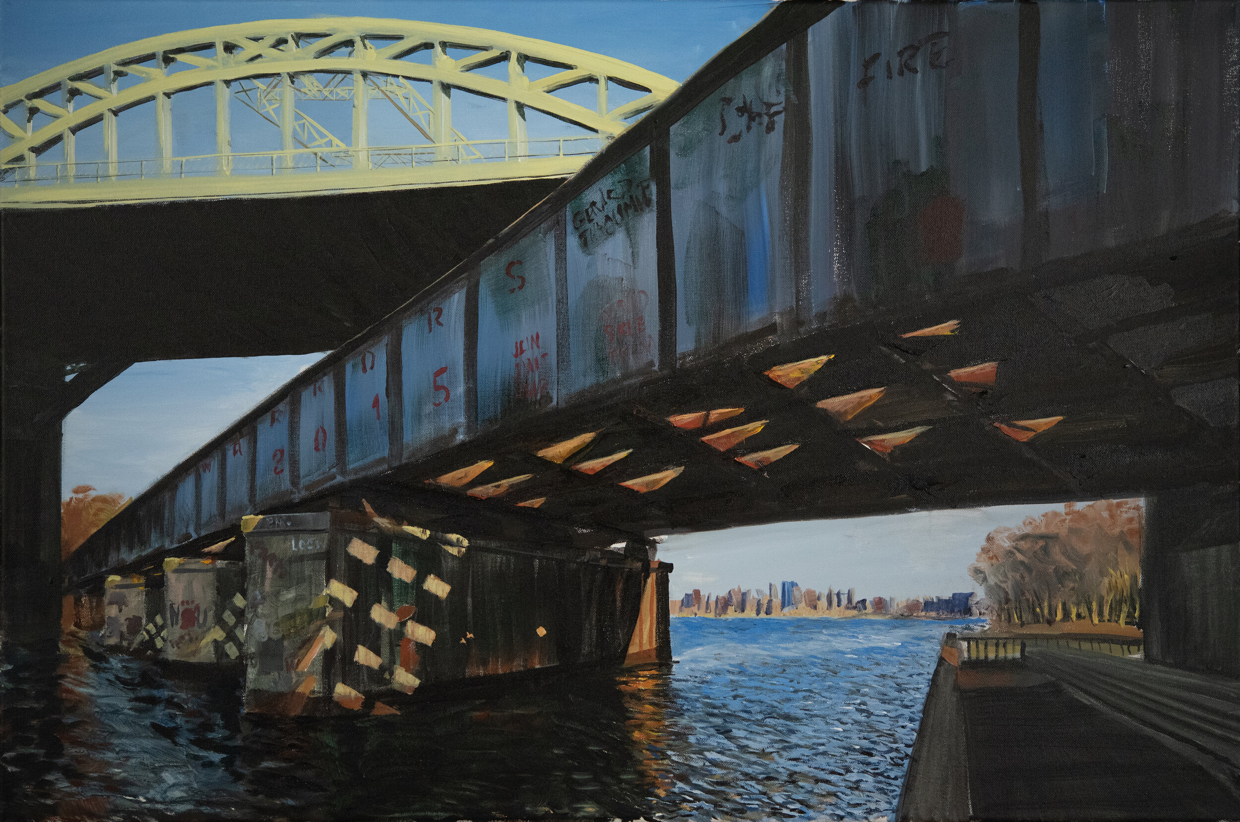   Two and a Half Bridges  24”x36”,  acrylic on canvas, reclaimed iron 