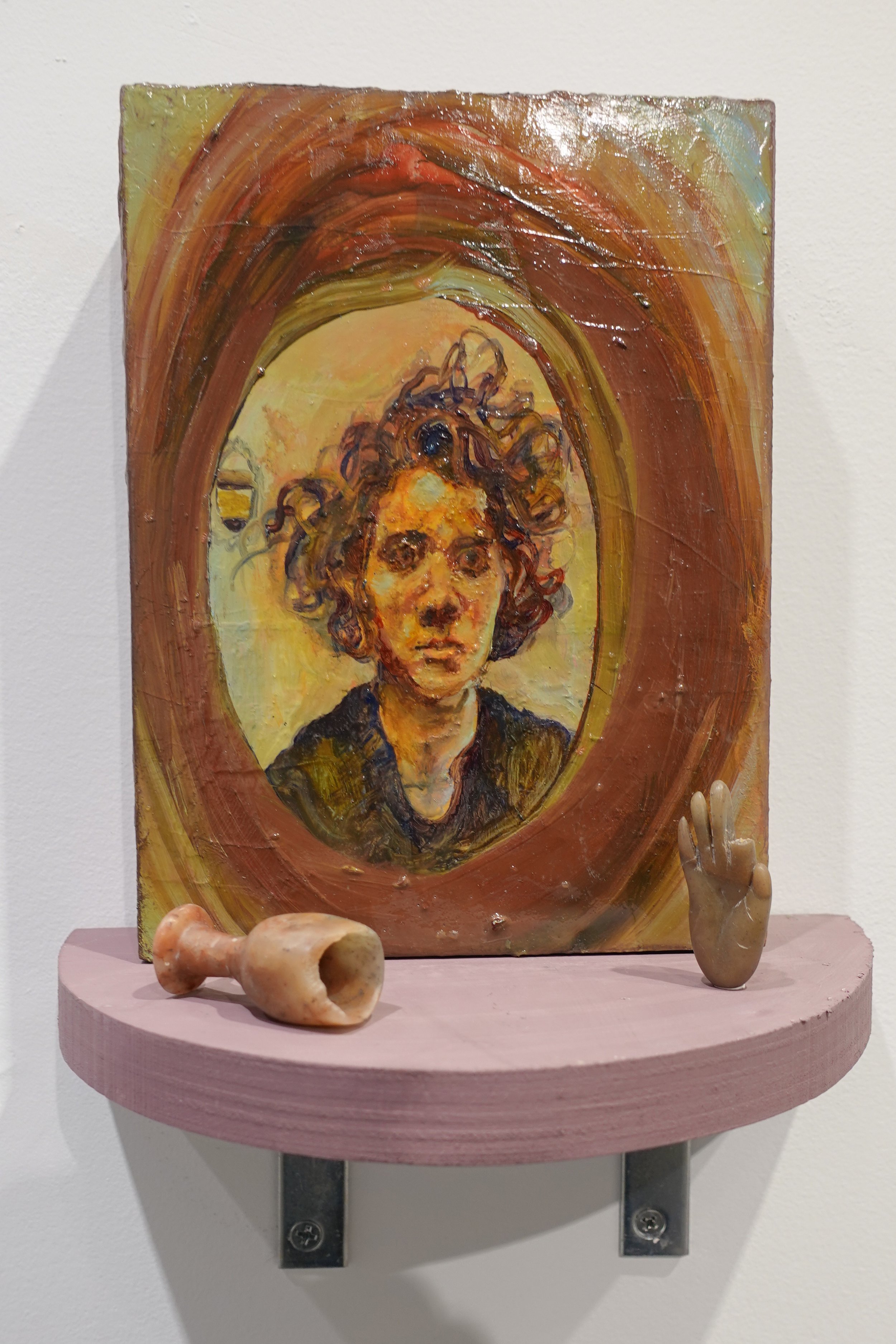   Drop Dead Gorgon with shelf, broken hand, broken  chalice  oil on wood panel; 8 x 6 inches 